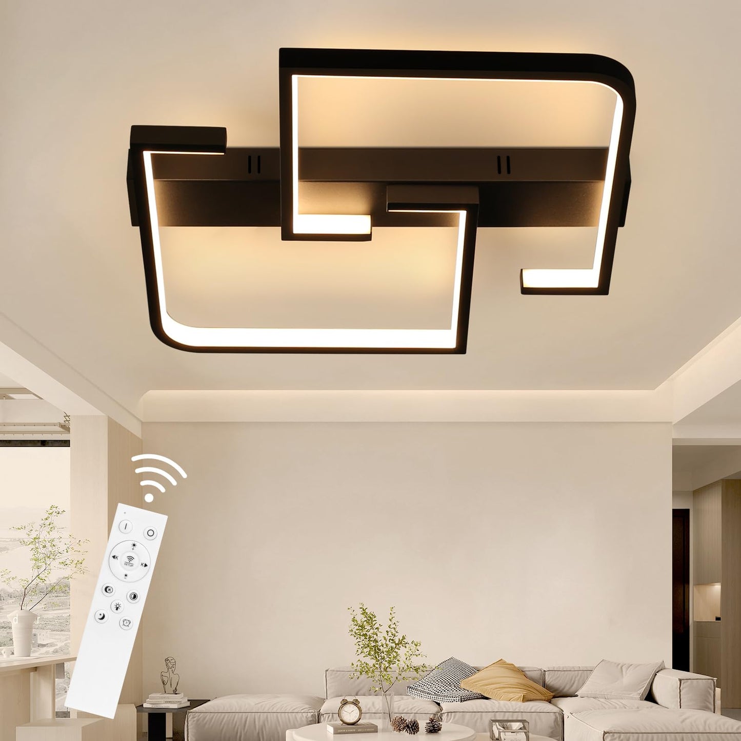 ZMH Deckenlampe LED Deckenleuchte Wohnzimmer Dimmbar mit Fernbedienung 45W 60CM Schwarz Wohnzimmerlampe aus Metall Modern Design Schlafzimmerlampe f¨¹r Schlafzimmer Esszimmer K¨¹chen Arbeitszimmer