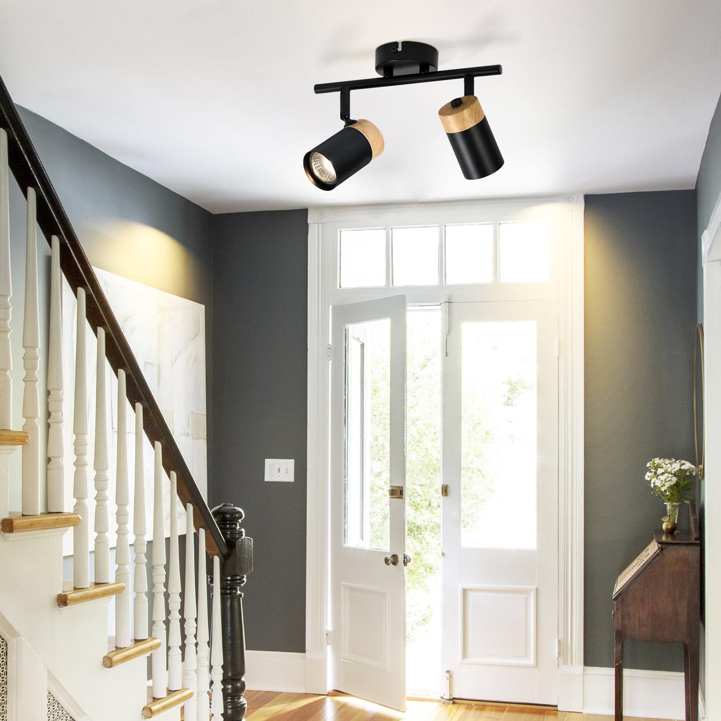 ZMH Deckenstrahler 2 Flammig Holz Deckenlampe - GU10 LED Deckenleuchte Schwarz Schwenkbar 330¡ã Spotlight f¨¹r Flur Garage Wohnzimmer Schlafzimmer K¨¹che Ohne Leuchtmittel