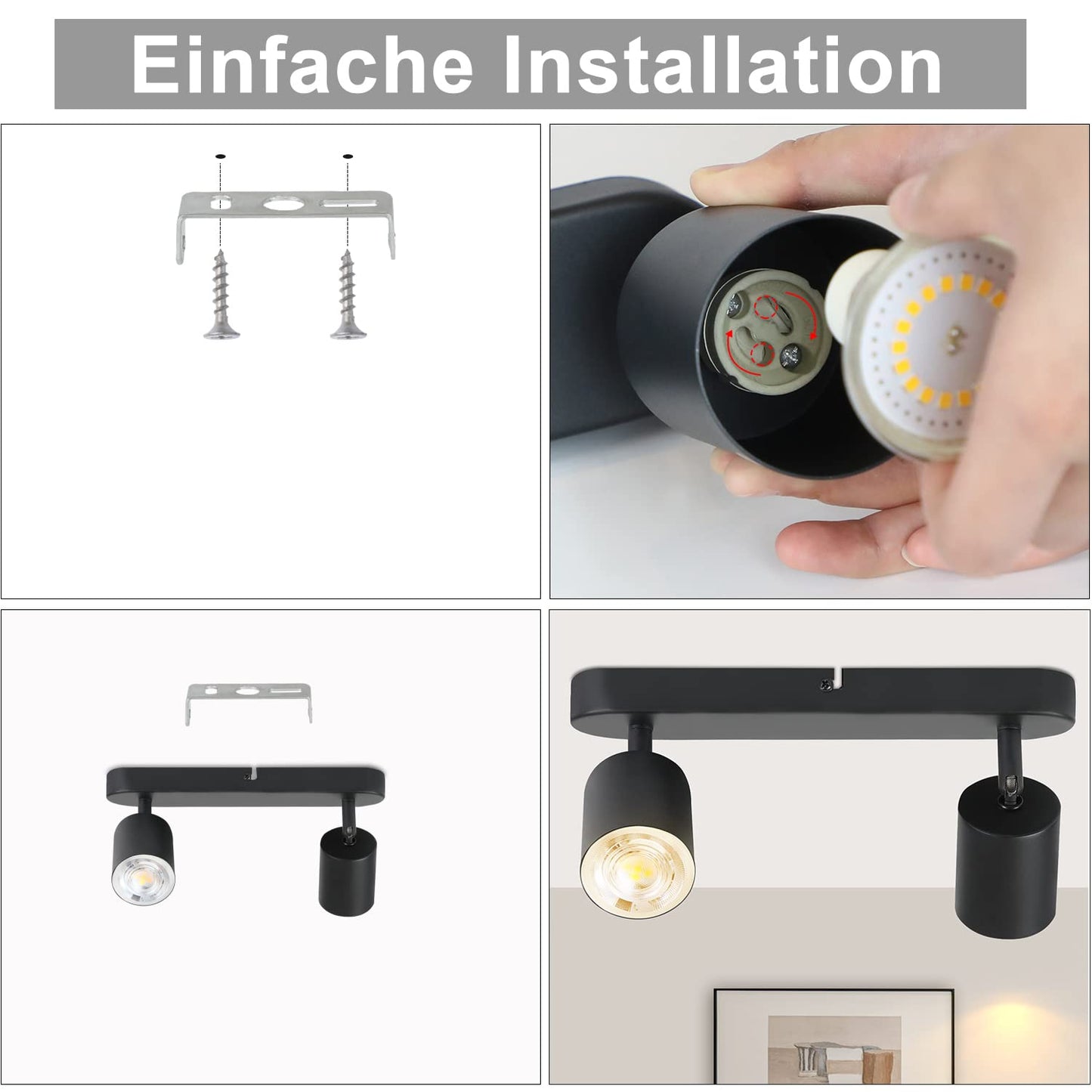 ZMH LED Deckenlampe Deckenstrahler 2 Flammig - Schwarz Deckenleuchte Flur Metall Deckenspots Schwenkbar GU10 Design Strahler 350¡ã Spots f¨¹r Wohnzimmer Schlafzimmer Treppenhaus K¨¹che - Ohne Gl¨¹hbirne