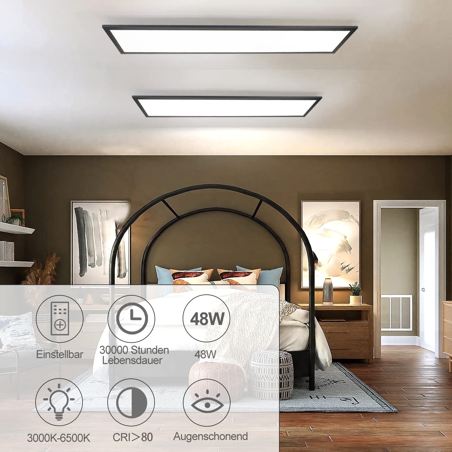 ZMH LED Panel Schwarz Deckenleuchte Dimmbar - 120x30CM Deckenlampe Flach B¨¹ro mit Fernbedienung Wohnzimmerlampe 48W K¨¹chenlampe Deckenpanel Modern Wei? B¨¹roleuchte f¨¹r K¨¹che Schlafzimmer Flur