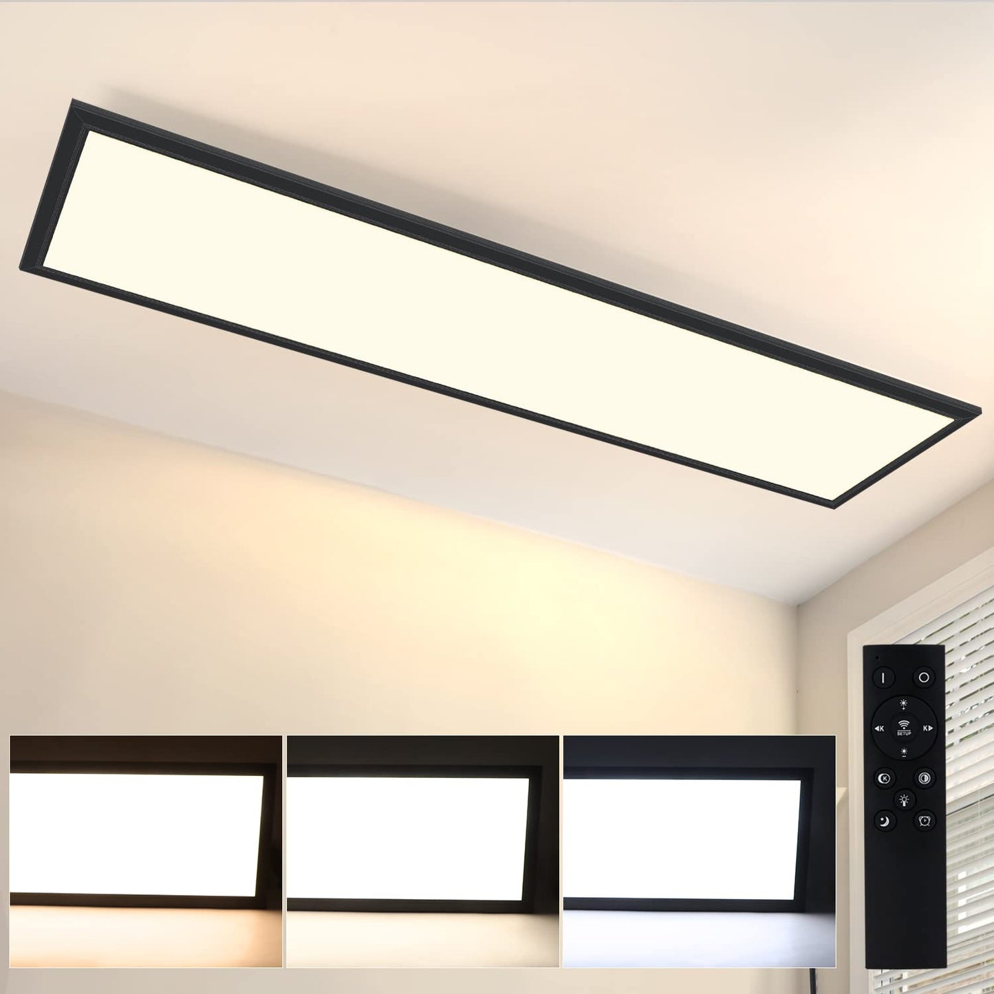 ZMH LED Panel Schwarz Deckenleuchte Dimmbar - 120x30CM Deckenlampe Flach B¨¹ro mit Fernbedienung Wohnzimmerlampe 48W K¨¹chenlampe Deckenpanel Modern Wei? B¨¹roleuchte f¨¹r K¨¹che Schlafzimmer Flur