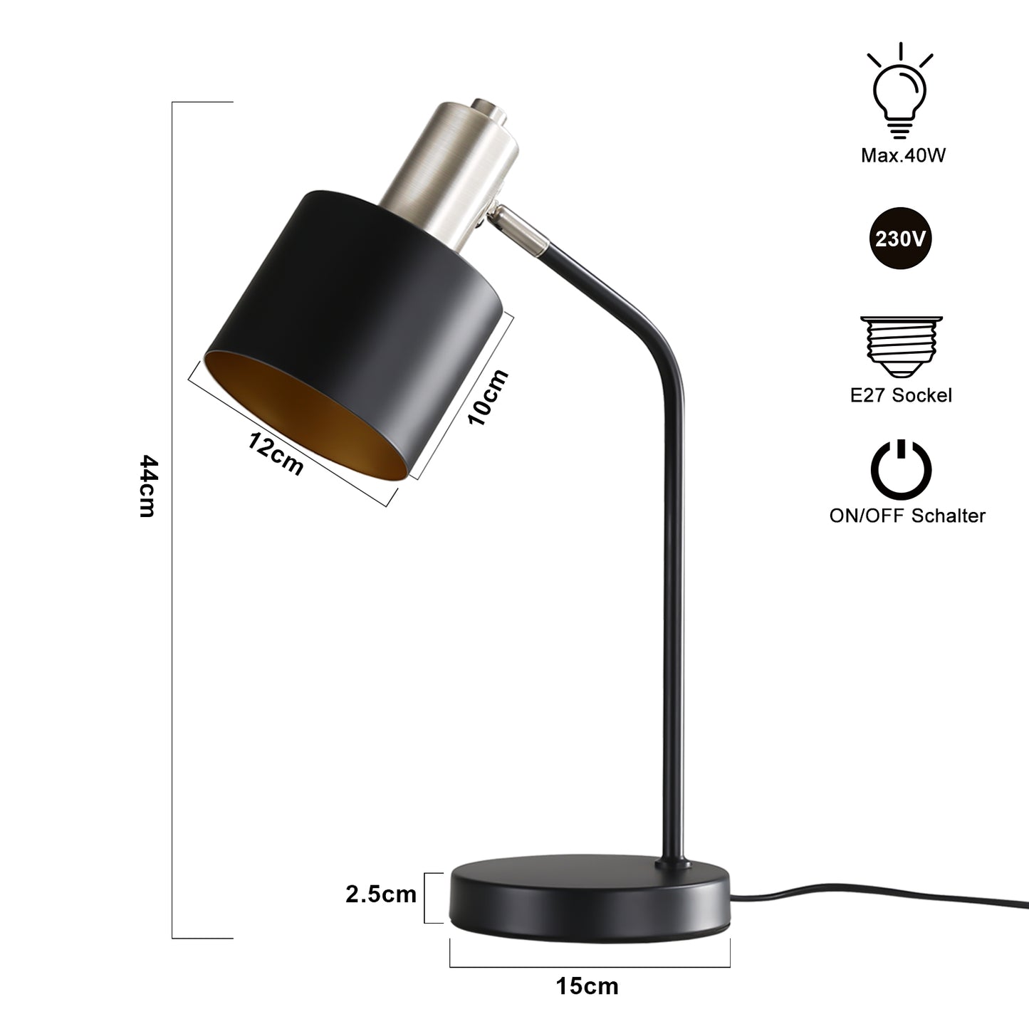 Tischlampe Vintage Nachttischlampe E27 - Tischleuchte Wohnzimmer Schwarz Gold Kabel Schreibtischlampe Retro Schwenkbar Leselampe Tisch Basic Nachtlampe Bett f¨¹r Schlafzimmer