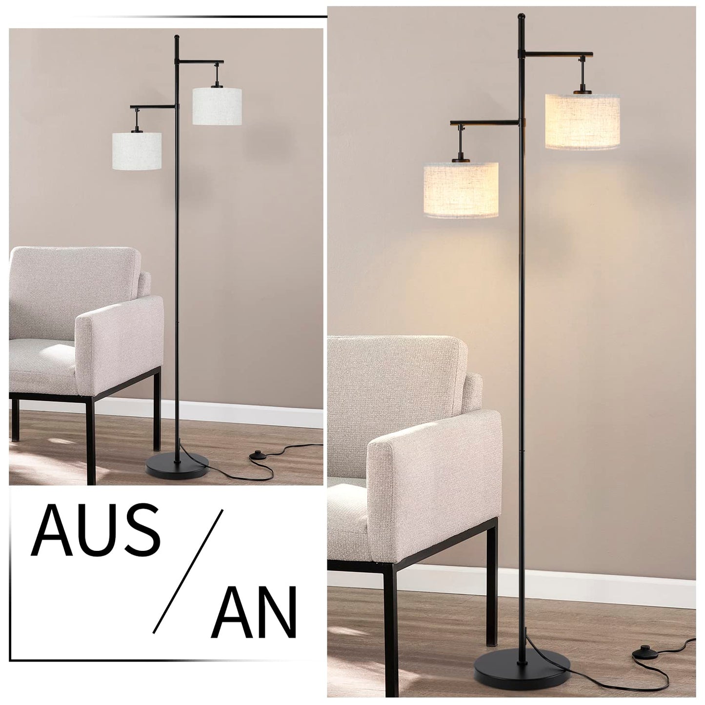 ZMH ZMH Stehlampe Wohnzimmer Modern Stehleuchte - Schwarz E27 Standleuchte Vintage 2 Flammig Bettlampe Wei? Stoff Design Standlampe Boho Deko Leselampe Max.25W mit Fu?schalte f¨¹r B¨¹ro Schlafzimmer