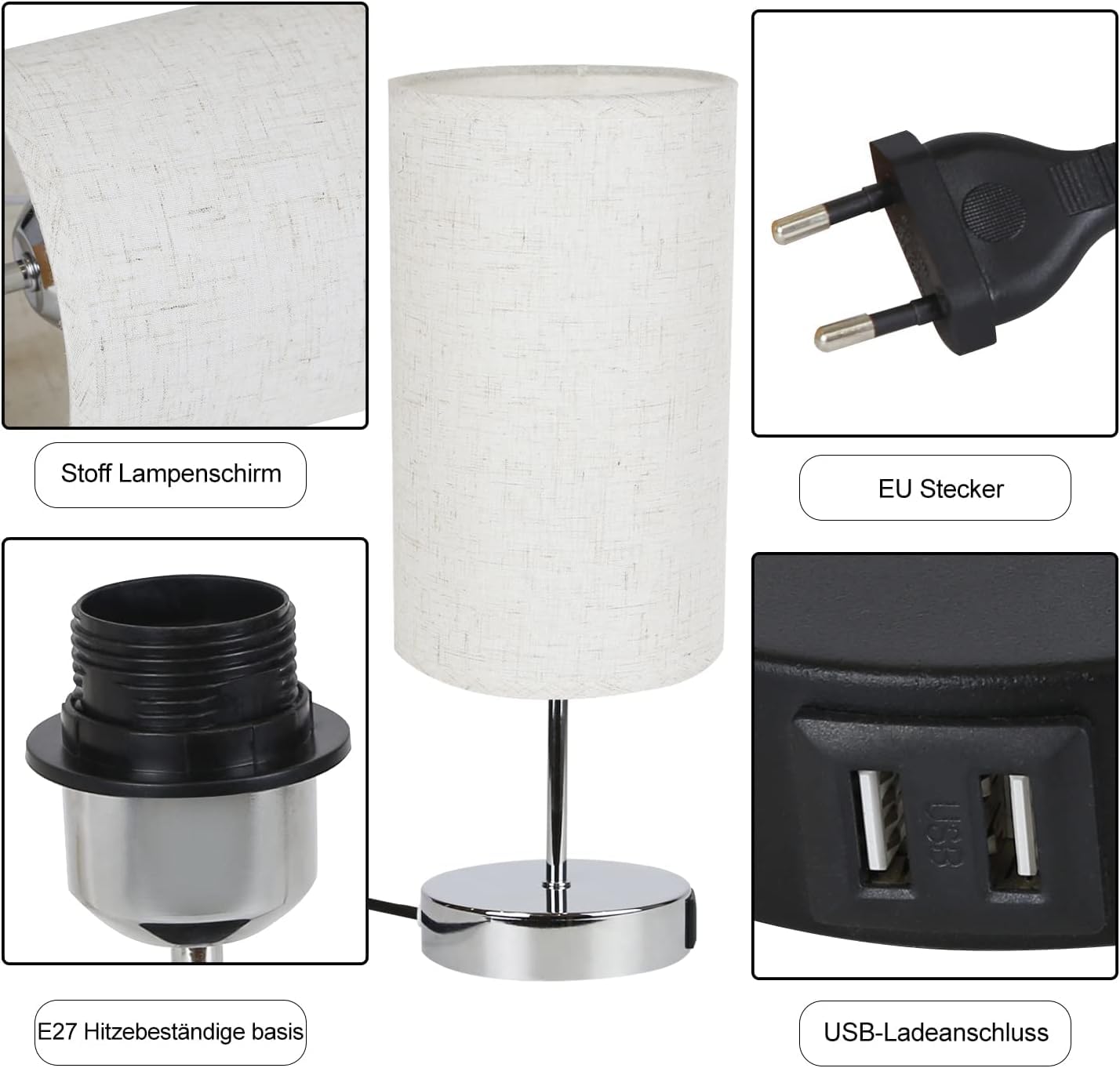 ZMH Nachttischlampe mit Ladefunktion Touch - Tischlampe E27 Warmwei? Dimmbar Nachtlicht USB Stoff Lampenschirm f¨¹r Modern Deko, Wohnzimmer, Geschenk, Esszimmer, Schlafzimmer