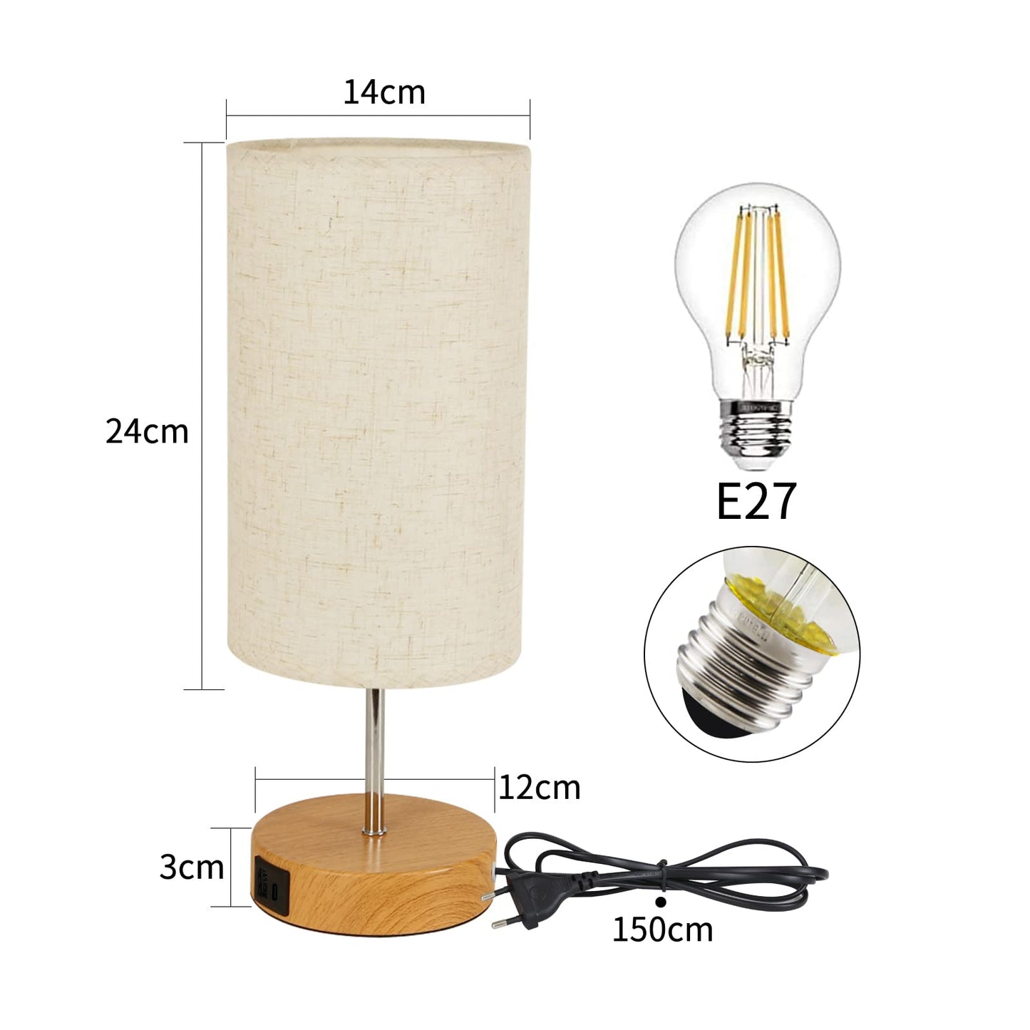ZMH Nachttischlampe Touch Dimmbar mit Ladefunktion - Vintage Tischlampe mit USB Anschl¨¹sse Nachttisch Lampe Holzoptik Bettlampe mit Stoffschirm Tischleuchte E27 f¨¹r Schlafzimmer Hotel Bett Flur