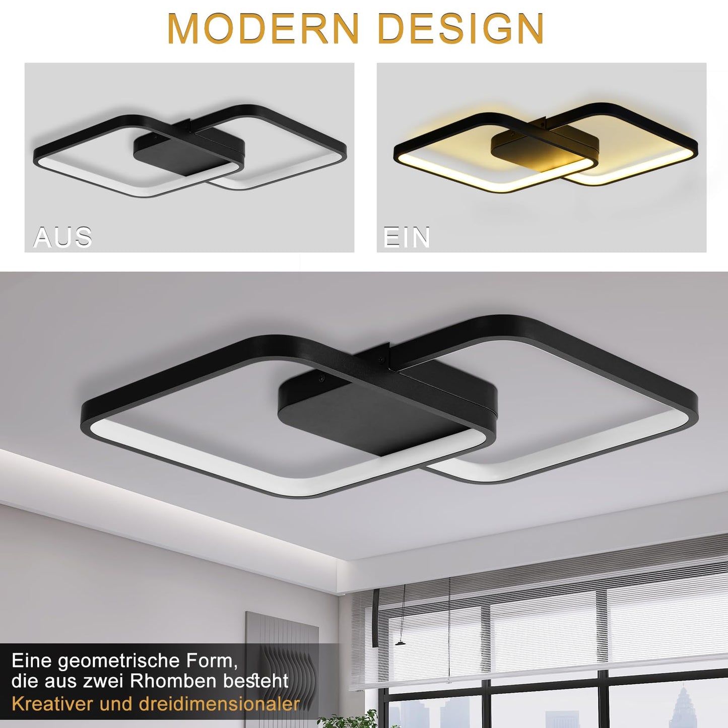 ZMH LED Deckenleuchte Wohnzimmer Deckenlampe - Schwarz Modern Wohnzimmerlampe 55W 43CM Dimmbar mit Fernbedienung Schlafzimmerlampe Metall Design k¨¹chenlampe f¨¹r Schlafzimmer Kinderzimmer