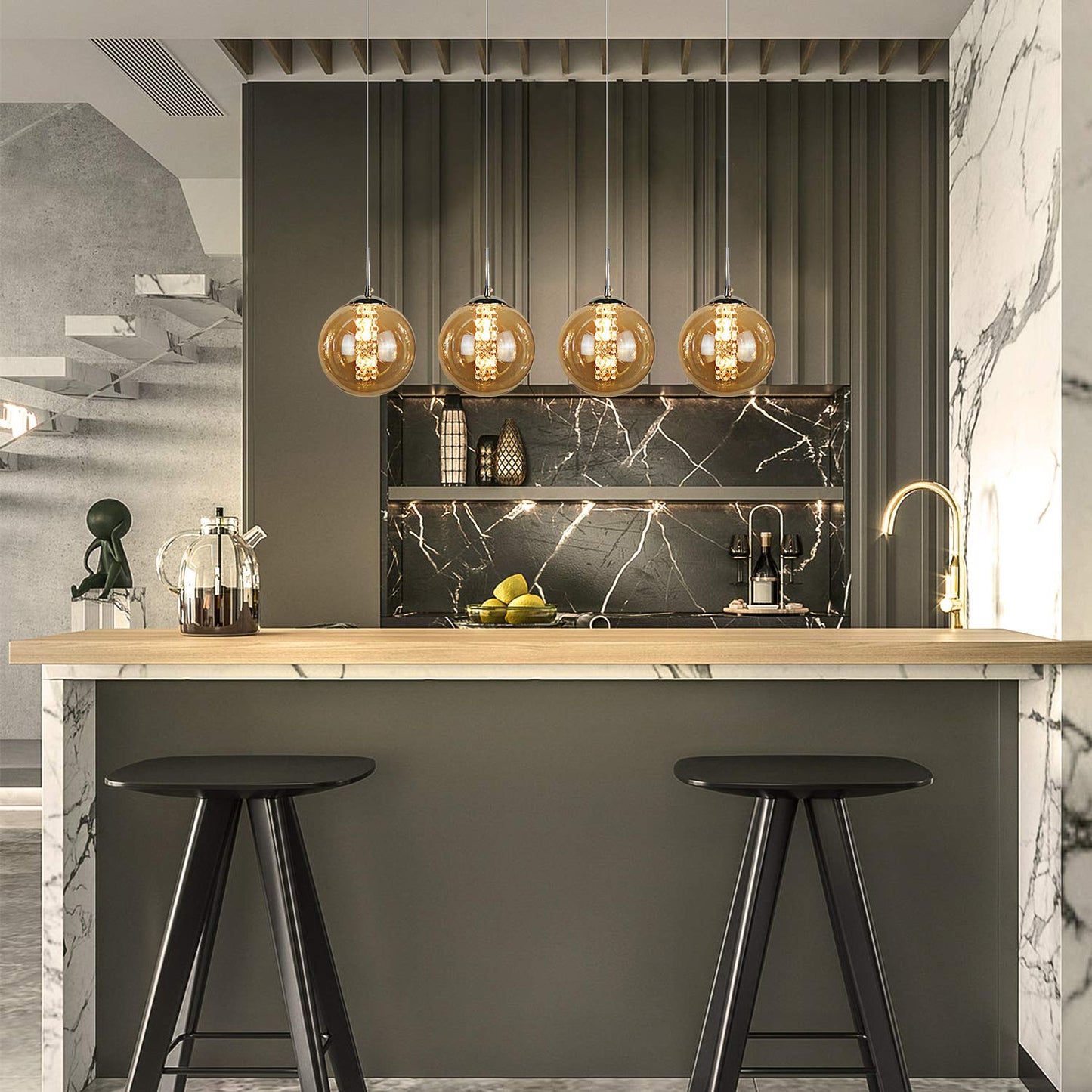 ZMH Pendelleuchte esstisch Pendellampe H?henverstellbar Esszimmerlampe 4-Flammig Esstischlampe aus Glas in Farbe Bernstein K¨¹chen Wohnzimmerlampe Schlafzimmerlampe Flurlampe