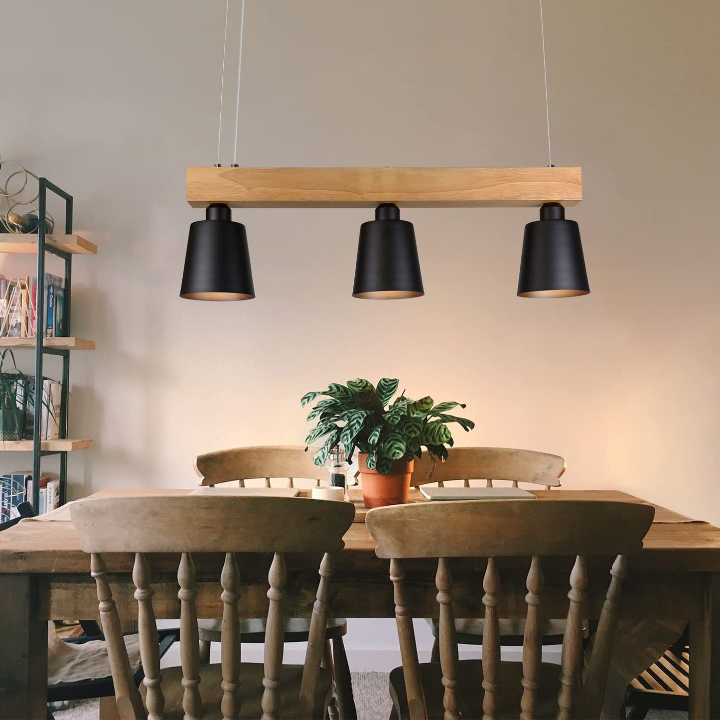 ZMH Pendelleuchte Esstisch Holz H?ngelampe 3 Flammig Warmwei? Vintage H?henverstellbar Esstischlampe H?ngend f¨¹r Esszimmer Wohnzimmer B¨¹ro Schlafzimmer K¨¹che boho - Schwarz - E27 MAX.25W 70x14x23CM