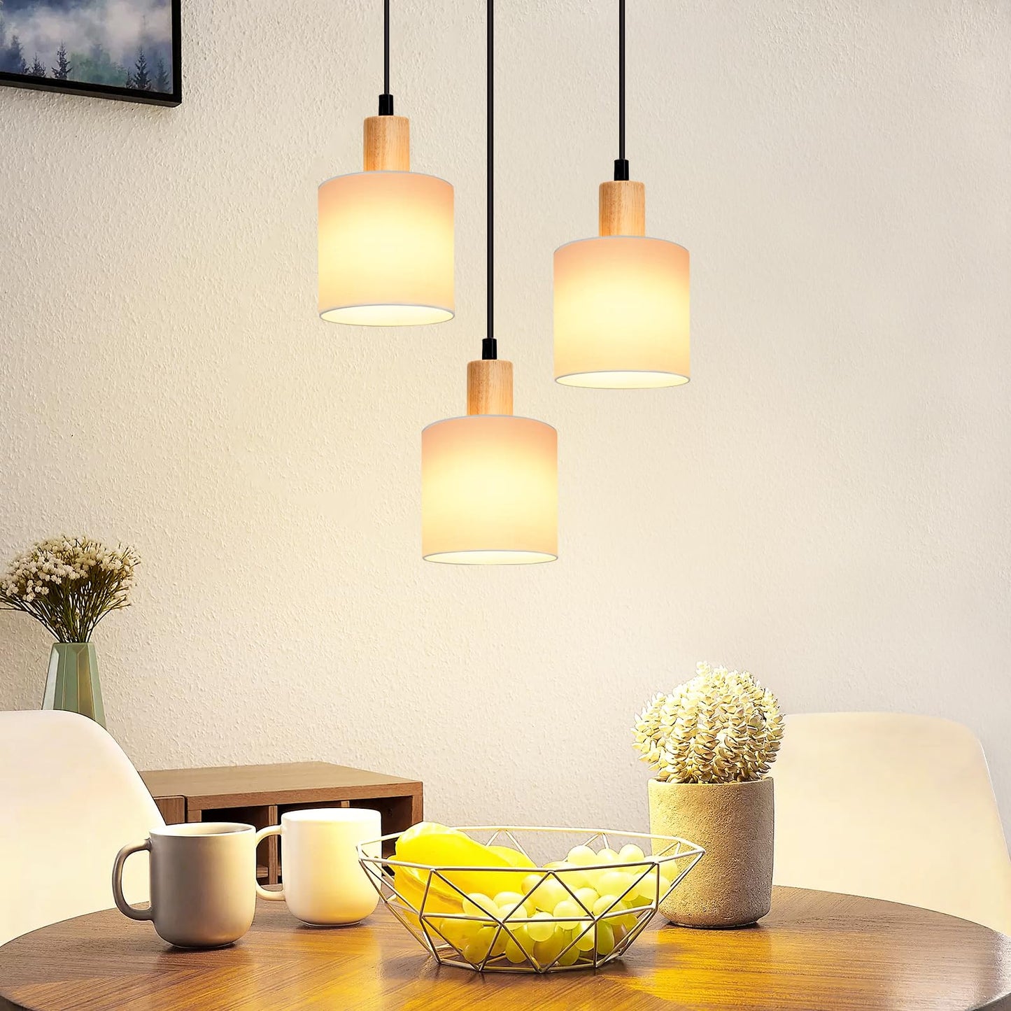 ZMH Pendelleuchte Holz Esstischlampe Vintage - H?ngelampe Esstisch E14 H?ngeleuchte Wei? Pendellampe 3 Flammig Rund Esstischlampe f¨¹r Esszimmer Restaurant K¨¹che Schlafzimmer Arbeitszimmer