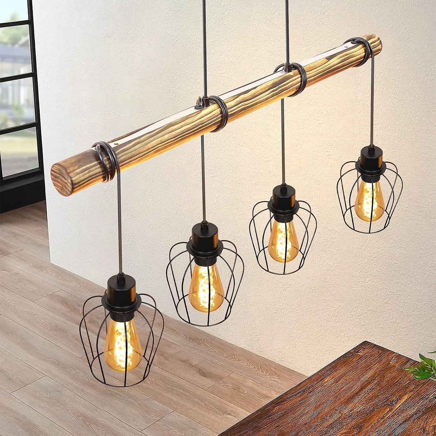ZMH Retro Pendelleuchte Vintage H?ngelampe 4 flammige Holz Esszimmerlampe Pendellampe Wohnzimmer im Industrial Design mit h?henverstellbaren Strahlern - Schwar - Fassung: E27 - ohne Leuchtmittel