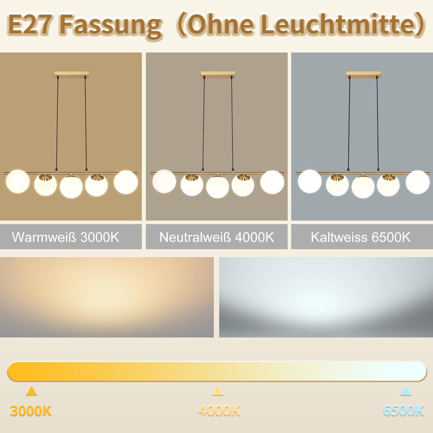 ZMH Pendelleuchte Esstisch H?ngeleuchte Modern - E27 Glas H?ngelampe Gold Esszimmerlampe 150CM H?henverstellbar Vintage Esstischlampe f¨¹r Esszimmer Wohnzimmer Bartheke I ohne Leuchtmittel