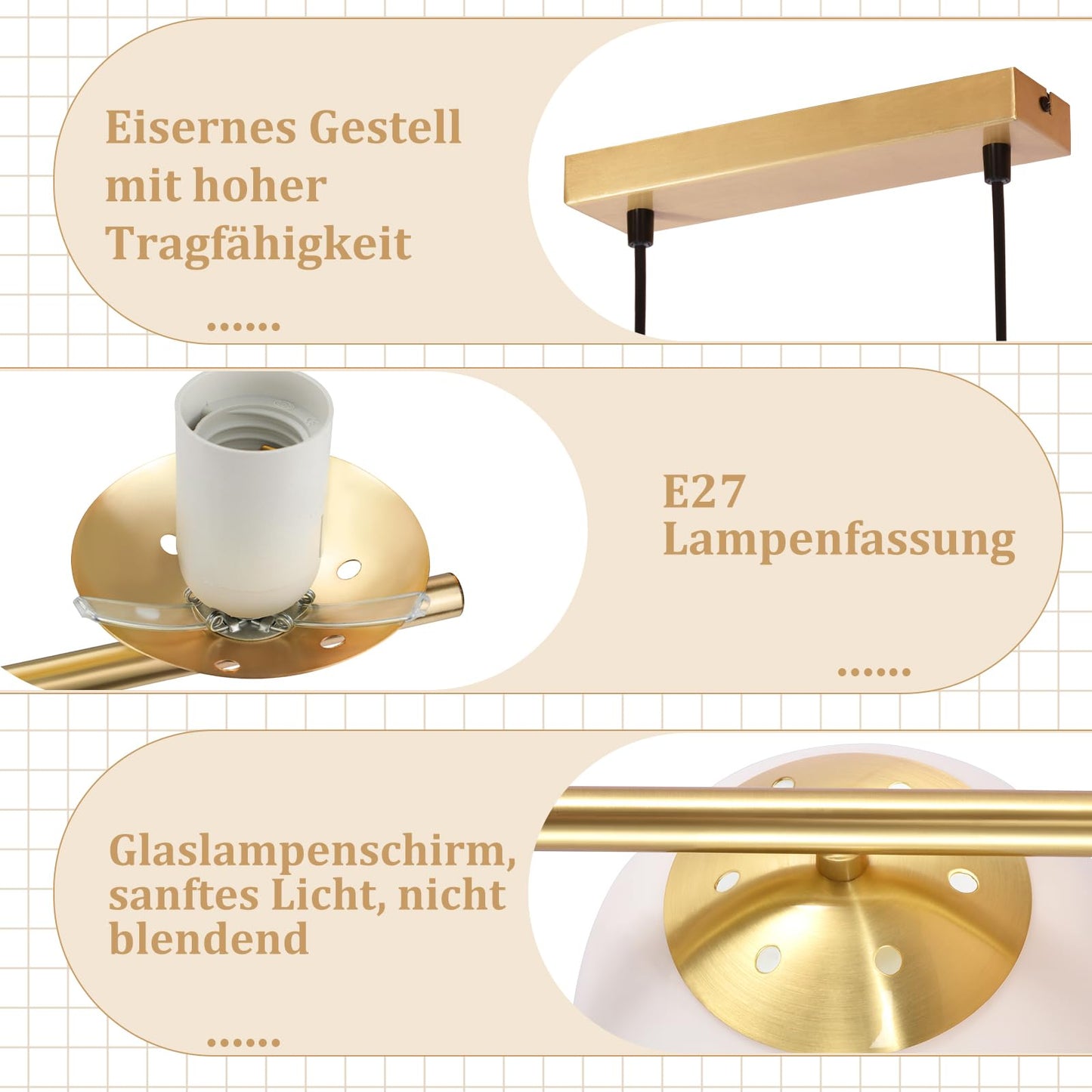 ZMH Pendelleuchte Esstisch H?ngeleuchte Modern - E27 Glas H?ngelampe Gold Esszimmerlampe 150CM H?henverstellbar Vintage Esstischlampe f¨¹r Esszimmer Wohnzimmer Bartheke I ohne Leuchtmittel