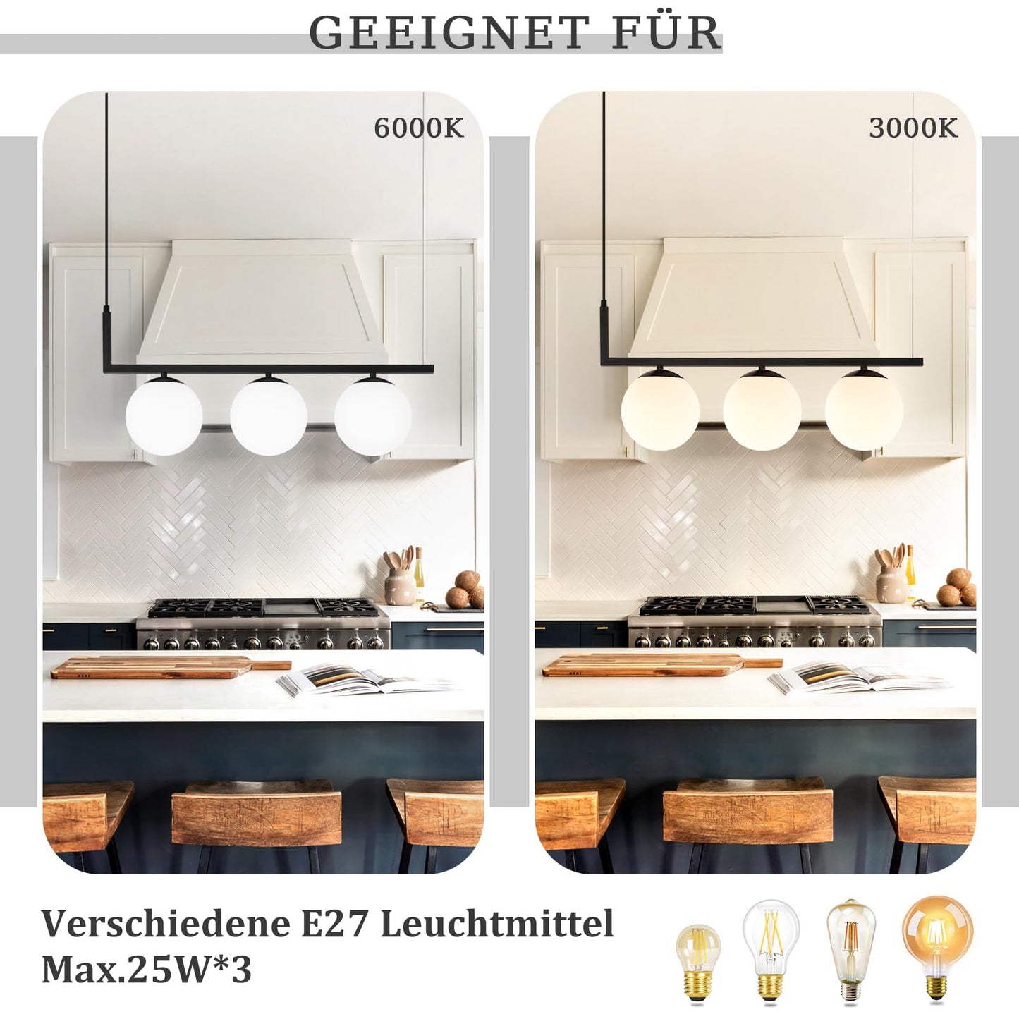 ZMH Pendelleuchte E27 Esszimmerlampe Glaskugel - Pendellampe 3 Flammig Esstisch Schwarz Esstischlampe Vintage H?ngelampe Metall H?ngeleuchte H?henverstellbar Wohnzimmer Esszimmer Ku?che Flur