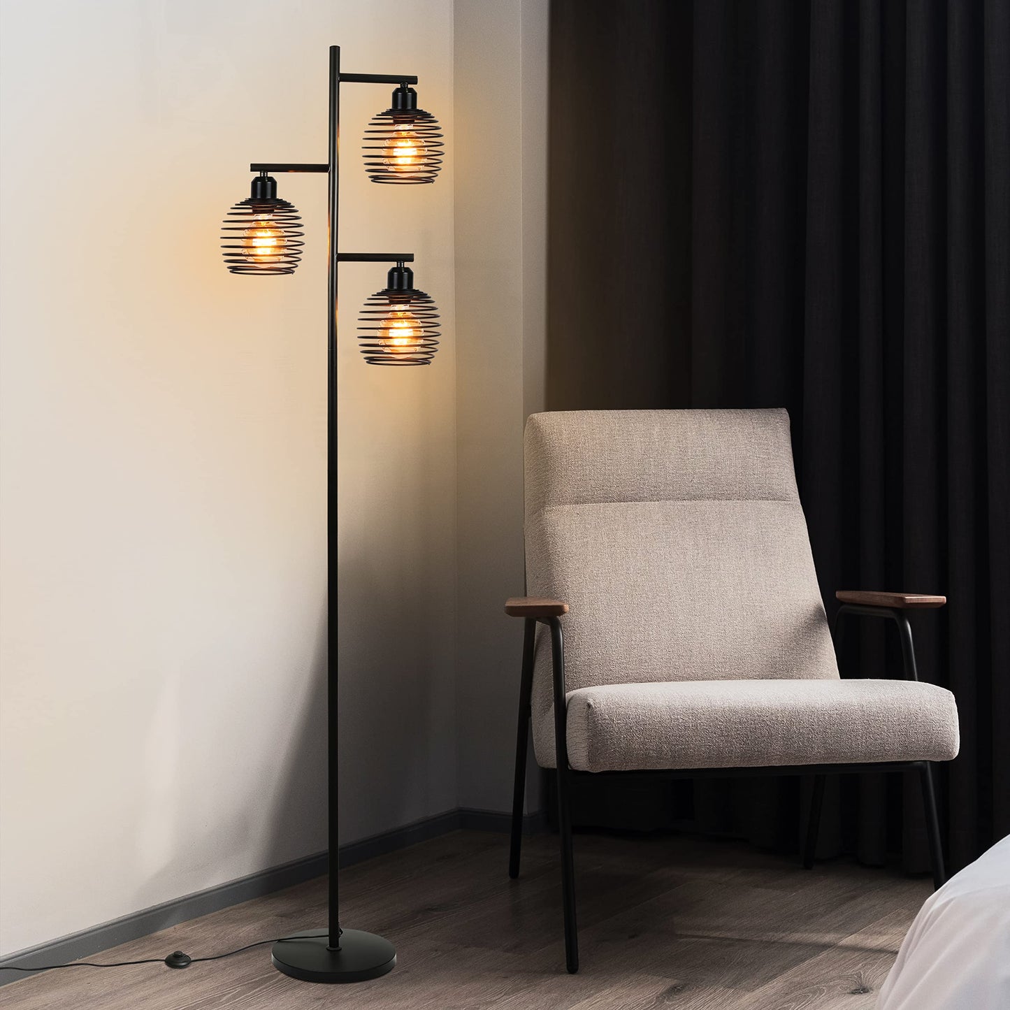 ZMH Stehlampe Wohnzimmer Stehleuchte Vintage - Retro Standlampe aus Metall e27 Fassung 3 flammige Max. 25W Schwarz industrial Standleuchte f¨¹r Schlafzimmer Sessel Bett H?he: 152CM inkl. Fu?schalter