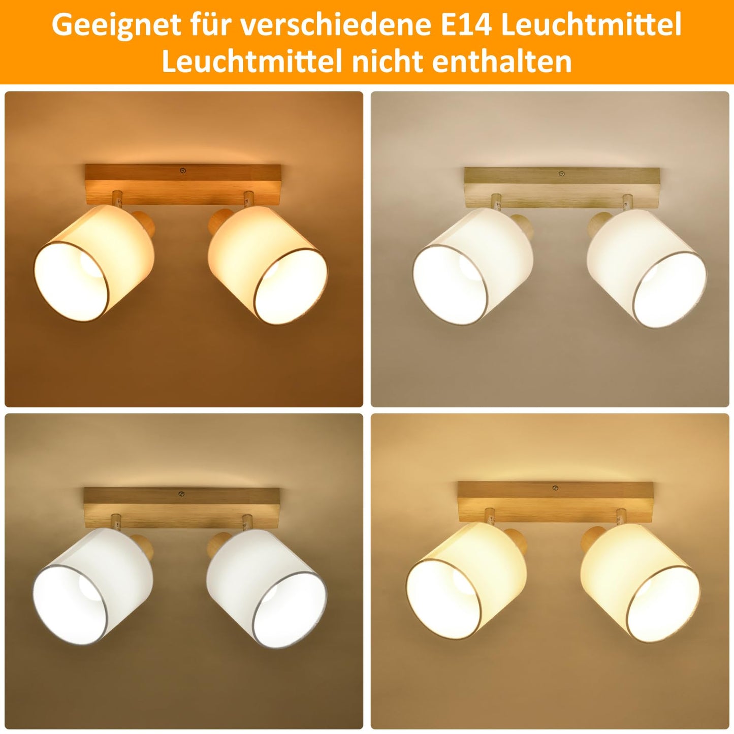 ZMH Deckenleuchte 2 Flammig Deckenlampe Flur - Deckenstrahler Vintage Holz Deckenspot Wandstrahler Schwenkbar 350¡ã E14 MAX.25W lampe f¨¹r Wohnzimmer Schlafzimmer K¨¹che (ohne Leuchtmittel)