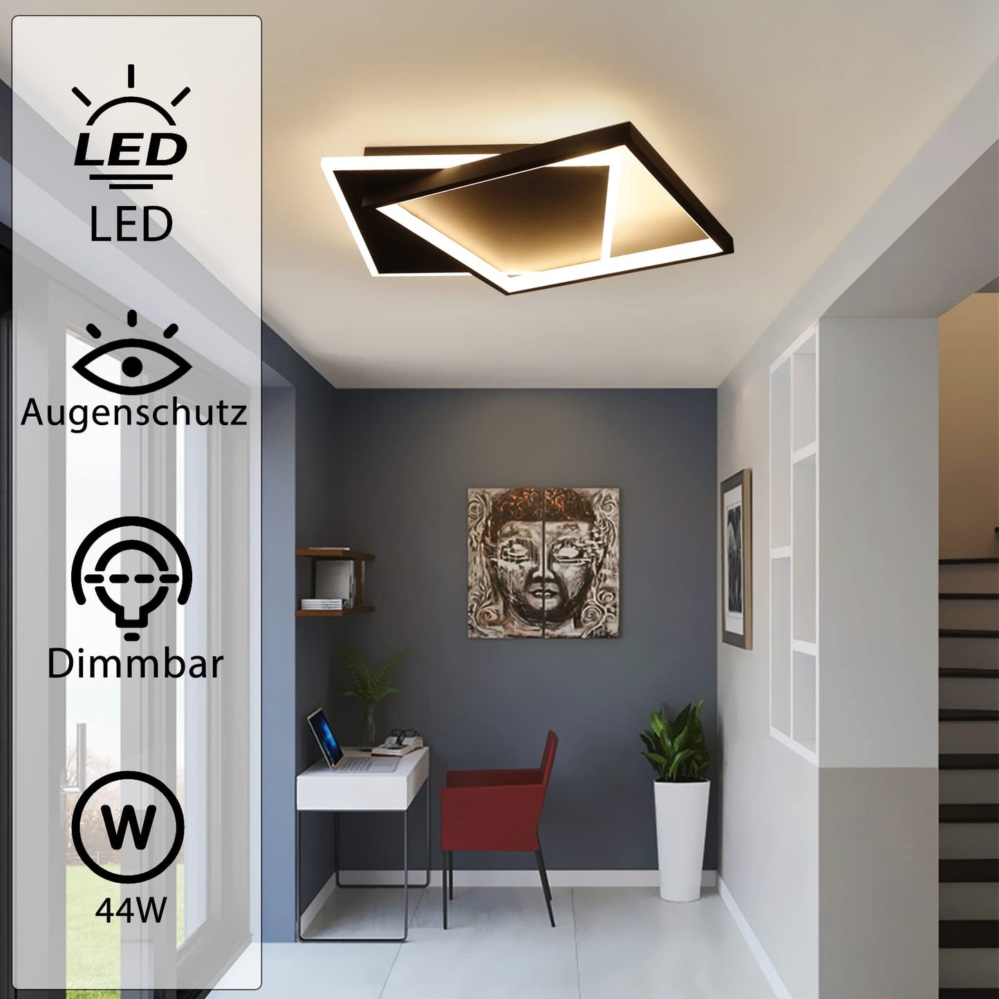 ZMH Deckenlampe LED Deckenleuchte Wohnzimmer: 44W Wohnzimmerlampe Schwarz Schlafzimmerlampe dimmbar mit Fernbedienung Modern Design K¨¹chenlampe Deckenbeleuchtung aus Metall f¨¹r Esszimmer B¨¹ro