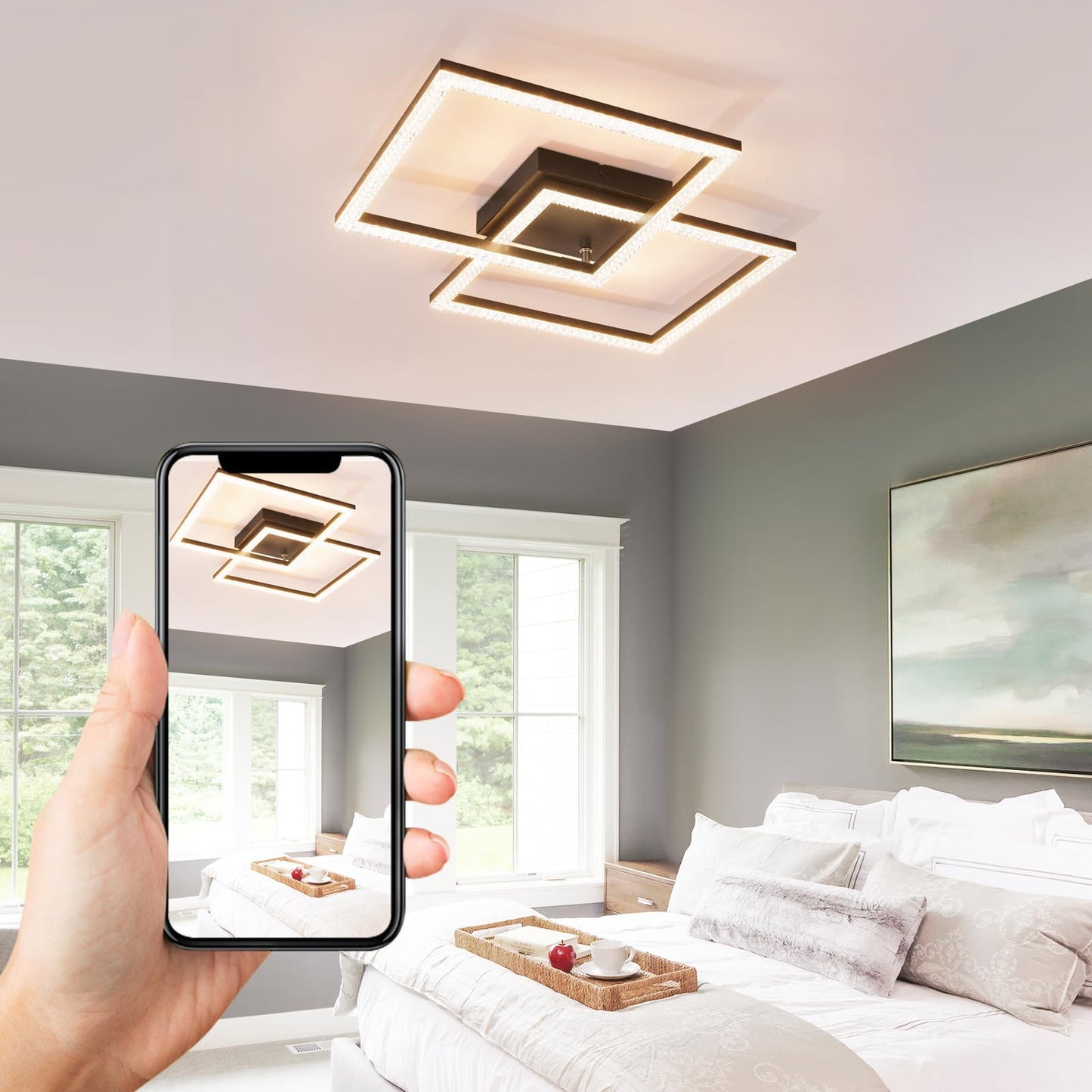 ZMH LED Deckenlampe Wohnzimmer Deckenleuchte - Schwarz 3000K Warmwei? Wohnzimmerlampe Modern Kristall Schlafzimmerlampe 24W Deckenbeleuchtung f¨¹r K¨¹che Schlafzimmer Flur