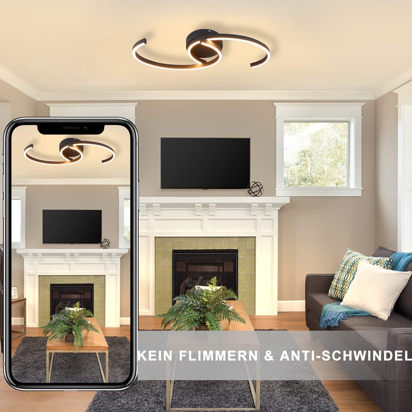 ZMH Deckenlampe LED Deckenleuchte Wohnzimmer - Wohnzimmerlampe Modern 60CM Schlafzimmerlampe Schwarz 24W Schlafzimmer Deckenbeleuchtung Flurlampe Warmwei? f¨¹r Schlafzimmer K¨¹che Flur Esszimmer