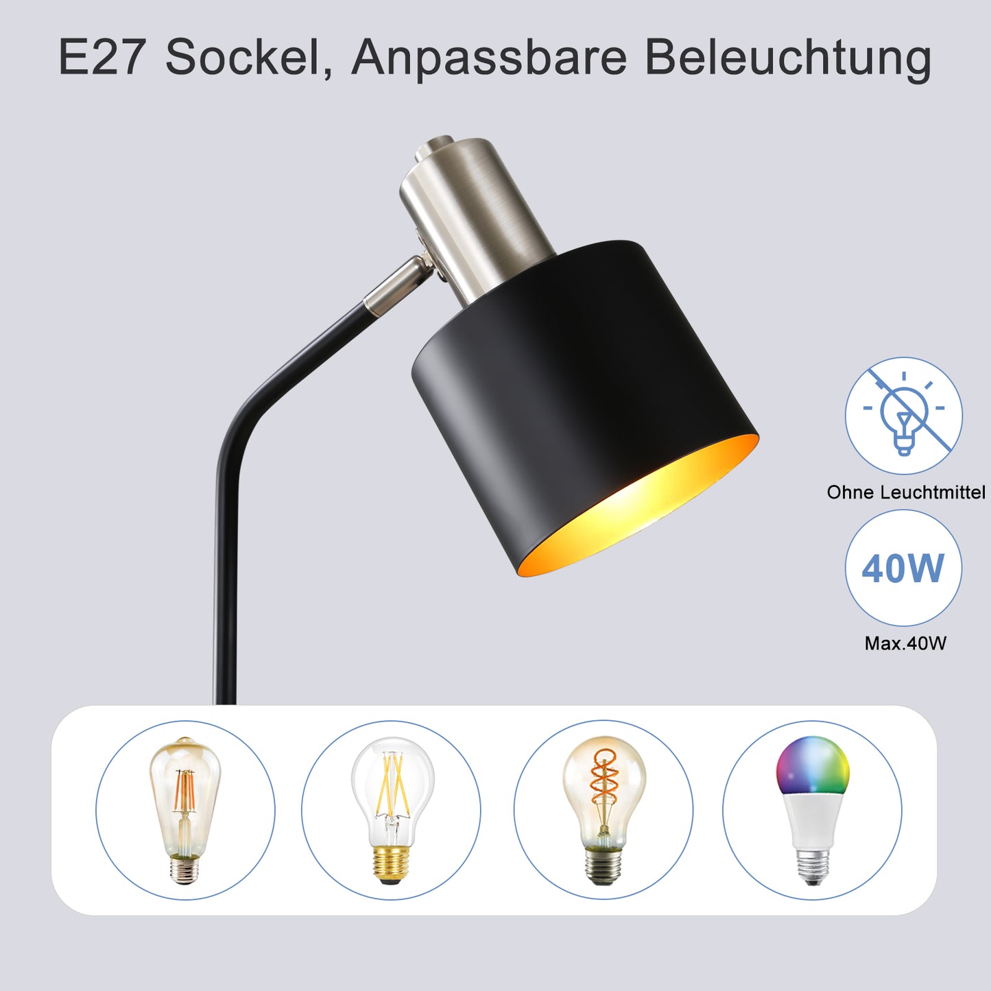 Tischlampe Vintage Nachttischlampe E27 - Tischleuchte Wohnzimmer Schwarz Gold Kabel Schreibtischlampe Retro Schwenkbar Leselampe Tisch Basic Nachtlampe Bett f¨¹r Schlafzimmer