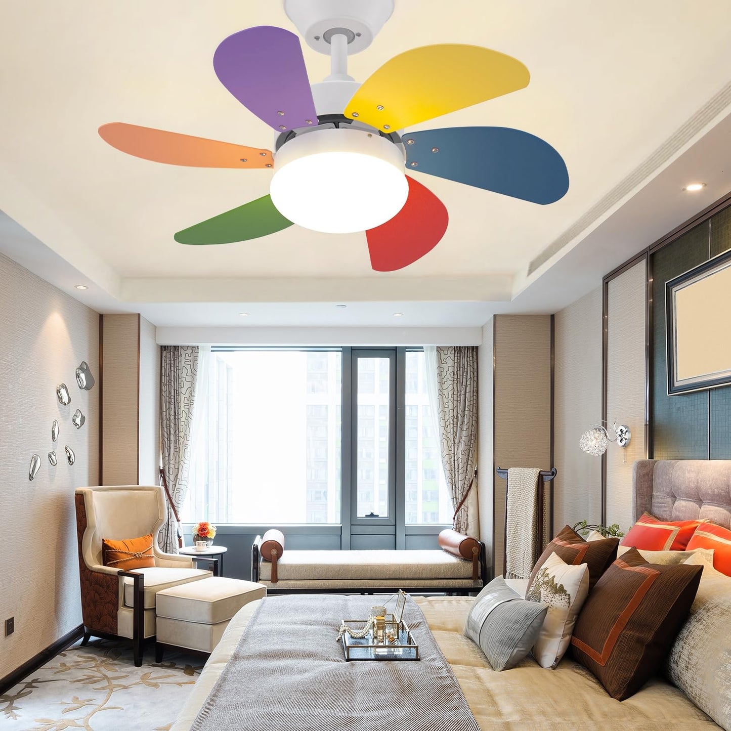 ZMH Deckenventilator Mit Beleuchtung und Fernbedienung Leise - Deckenlampe Wohnzimmer 6 Fl¨¹geln ?75 cm Ventilator Timing Deckenleuchte mit Einzelleuchte Fan Sommer-/Winter Schlafzimmer/Bunt