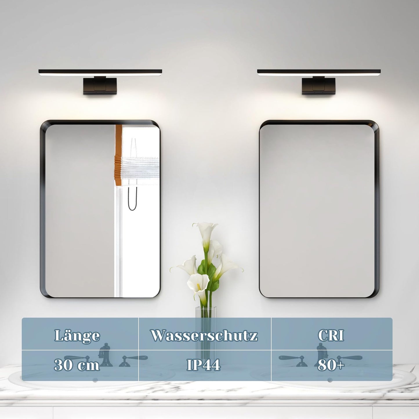 ZMH LED Spiegelleuchte Bad 30CM - 6W Spiegellampe Badezimmer Schwarz Badleuchte Wand Wasserdicht IP44 Wandlampe Modern Neutral 4000K Wandleuchte f¨¹r Keller K¨¹che Badschrank