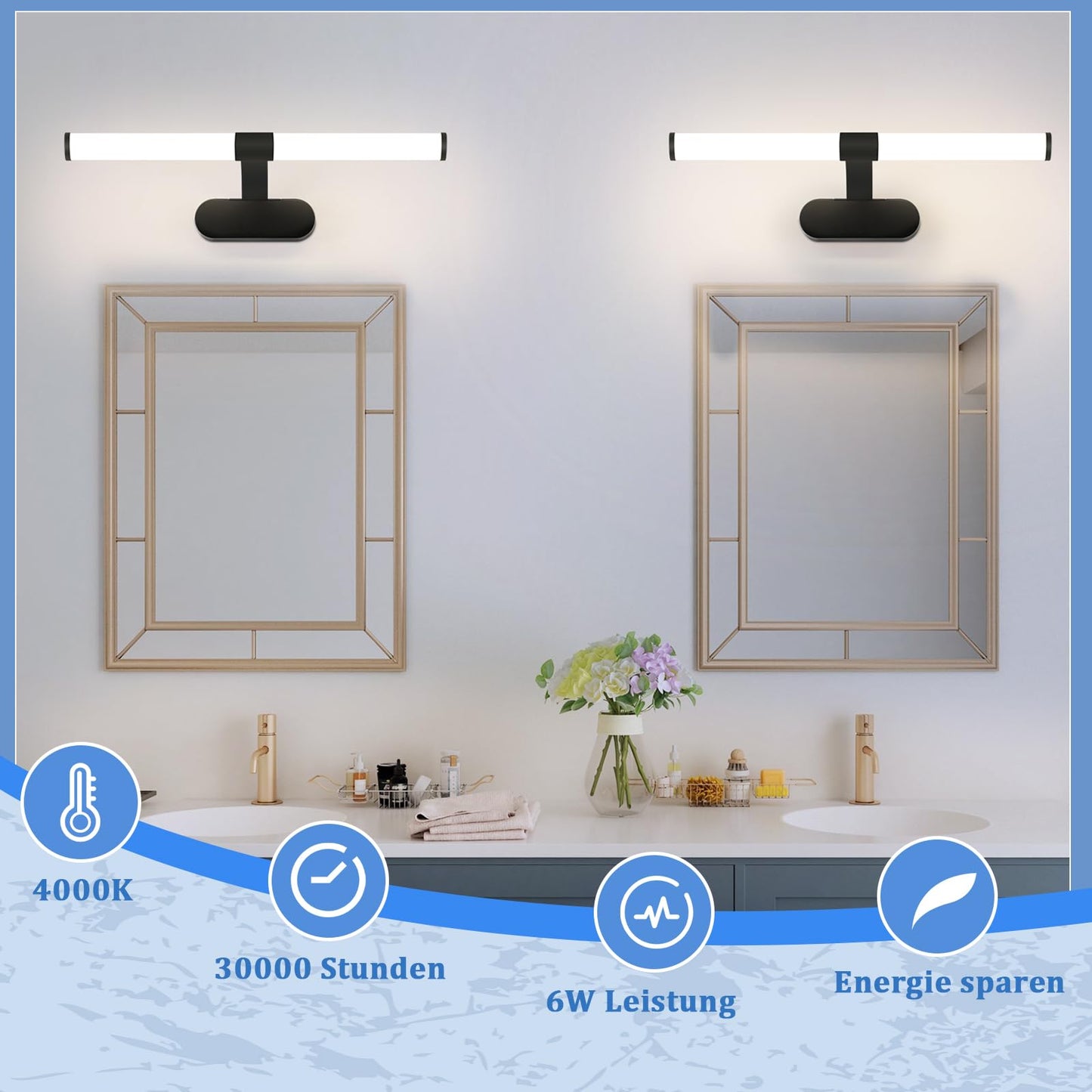 ZMH LED Spiegelleuchte Bad Spiegellampe - Schwarz Badleuchte Wand 40CM Wandlampe Badezimmer 6W Modern Wasserdicht IP44 Wandleuchte Neutralwei? 4000K Badlampe f¨¹r Keller K¨¹che Badschrank