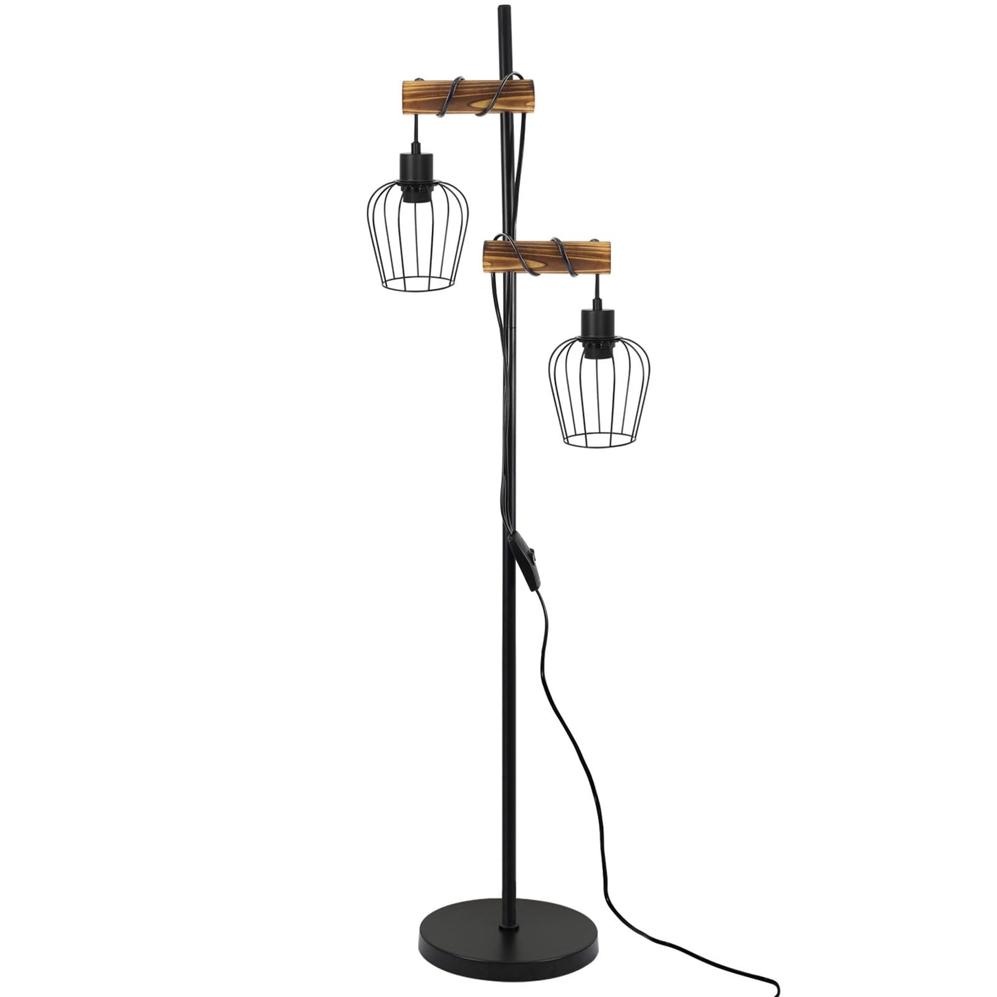 ZMH Vintage Stehlampe Wohnzimmer 2 flammige Holz Retro Standleuchte im Industrial Design aus Metall und Holz - inkl. Schalter - Schwarz - Fassung: E27 - H?he: 151cm - ohne Leuchtmittel