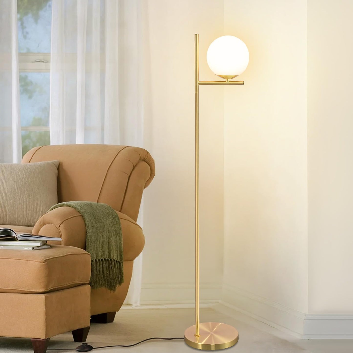 ZMH Stehlampe Wohnzimmer Modern Standleuchte - Gold Industrial Stehleuchte mit Fu?schalter Metall Design aus Wei? Glas Standlampe E27 Vintage Bodenlampe Kabel 2M f¨¹r Schlafzimmer B¨¹ro kinderzimmer