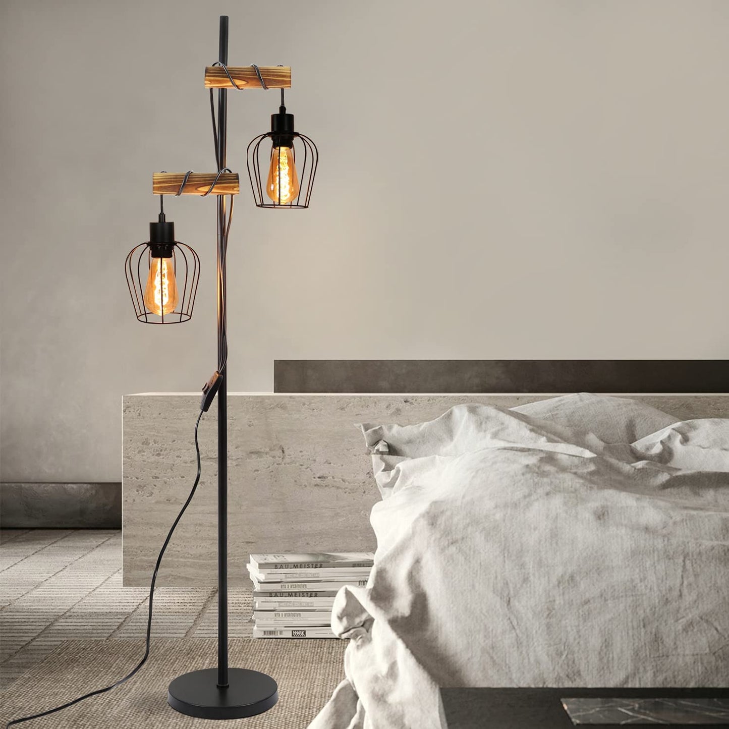 ZMH Vintage Stehlampe Wohnzimmer 2 flammige Holz Retro Standleuchte im Industrial Design aus Metall und Holz - inkl. Schalter - Schwarz - Fassung: E27 - H?he: 151cm - ohne Leuchtmittel