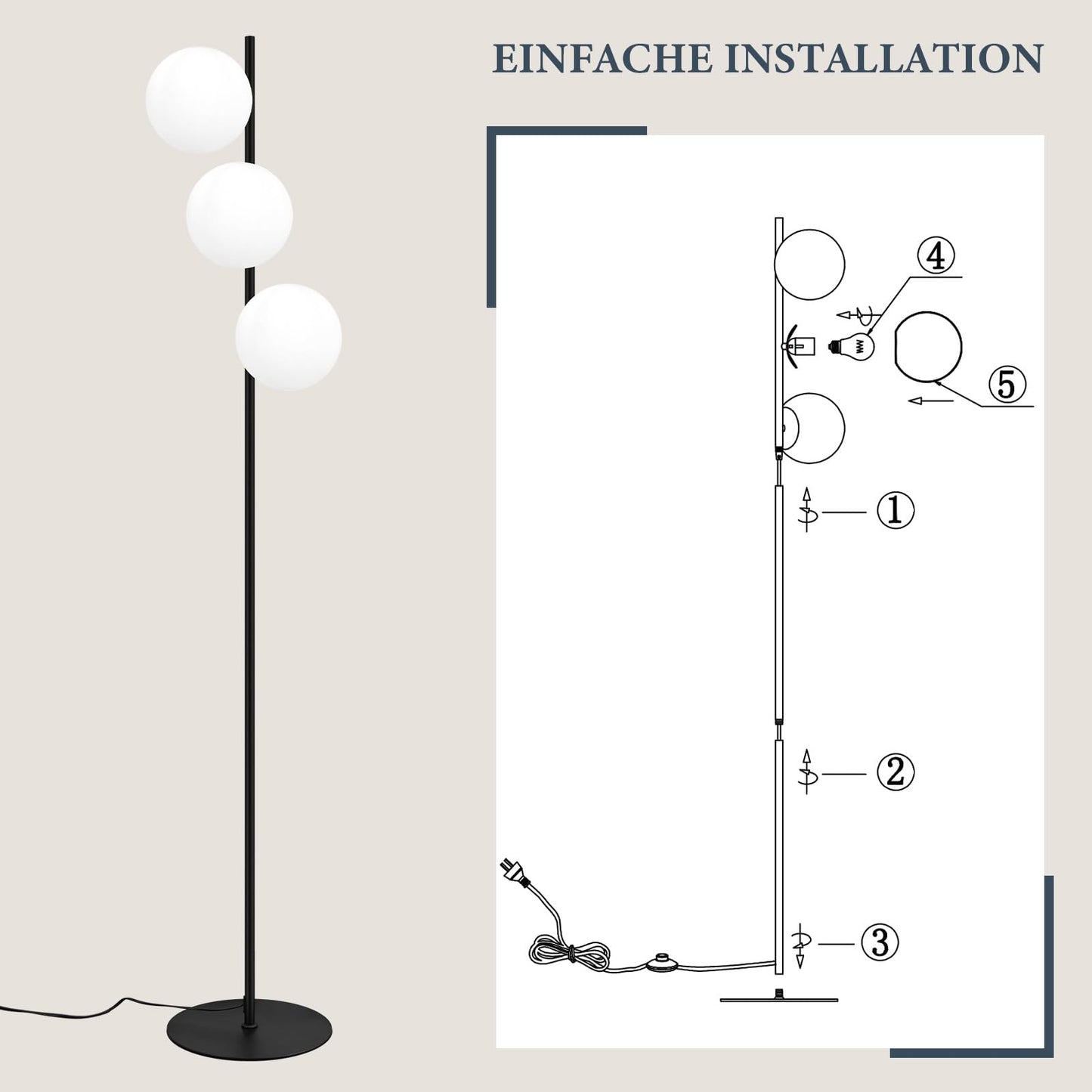 ZMH Stehlampe Wohnzimmer Industrial Standleuchte - Schwarz Modern Stehleuchte 3 Flammig mit Fu?schalter Metall Design aus Wei? Glas Standlampe E27 Vintage Bodenlampe f¨¹r Schlafzimmer kinderzimmer B¨¹ro