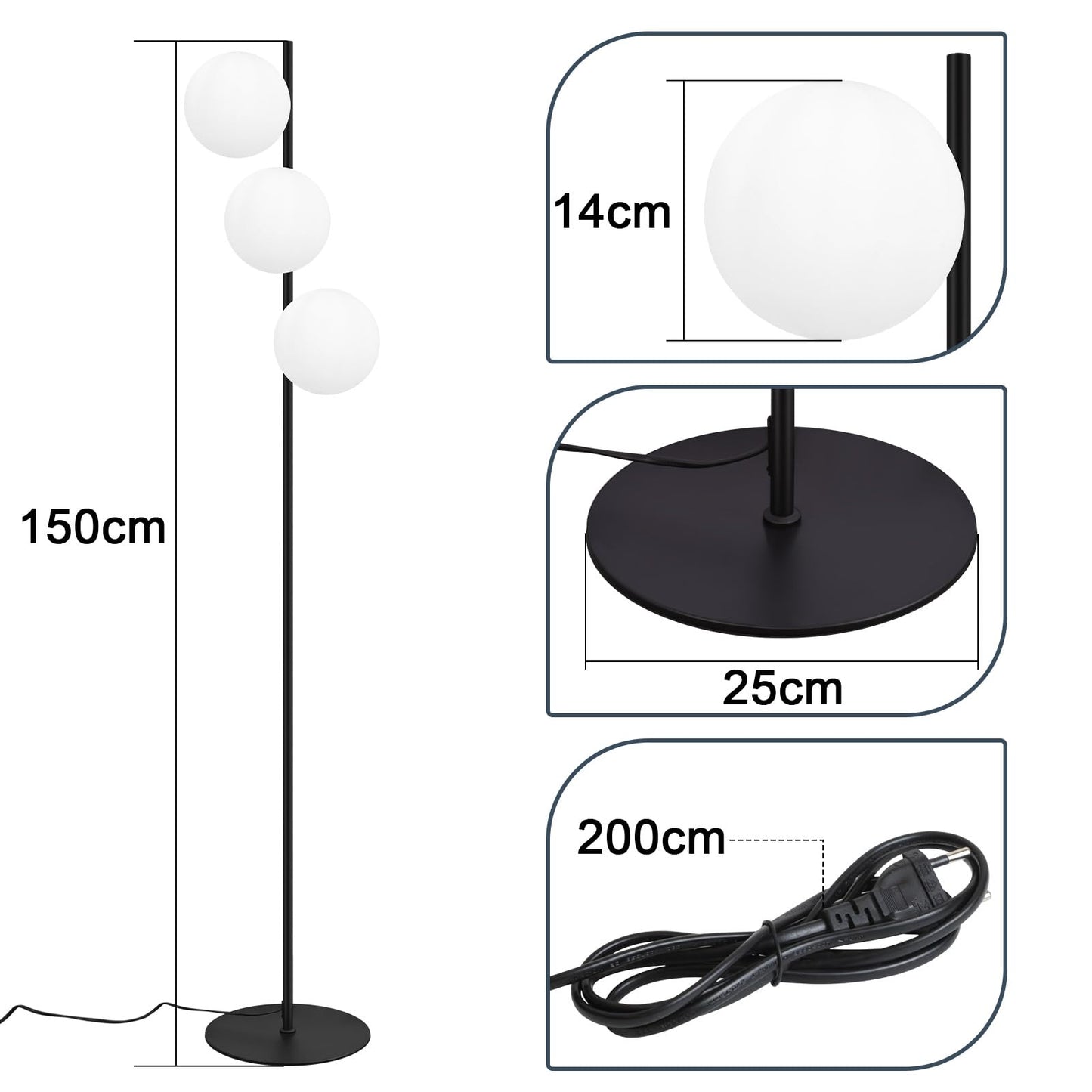 ZMH Stehlampe Wohnzimmer Industrial Standleuchte - Schwarz Modern Stehleuchte 3 Flammig mit Fu?schalter Metall Design aus Wei? Glas Standlampe E27 Vintage Bodenlampe f¨¹r Schlafzimmer kinderzimmer B¨¹ro