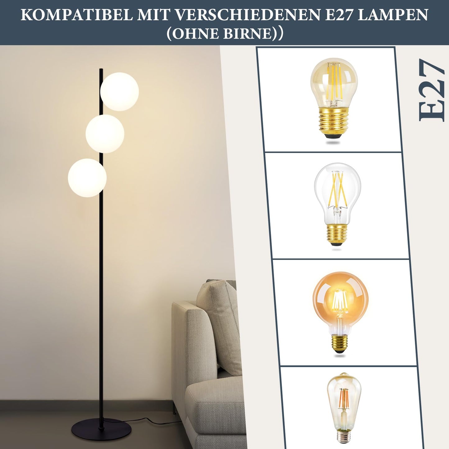 ZMH Stehlampe Wohnzimmer Industrial Standleuchte - Schwarz Modern Stehleuchte 3 Flammig mit Fu?schalter Metall Design aus Wei? Glas Standlampe E27 Vintage Bodenlampe f¨¹r Schlafzimmer kinderzimmer B¨¹ro