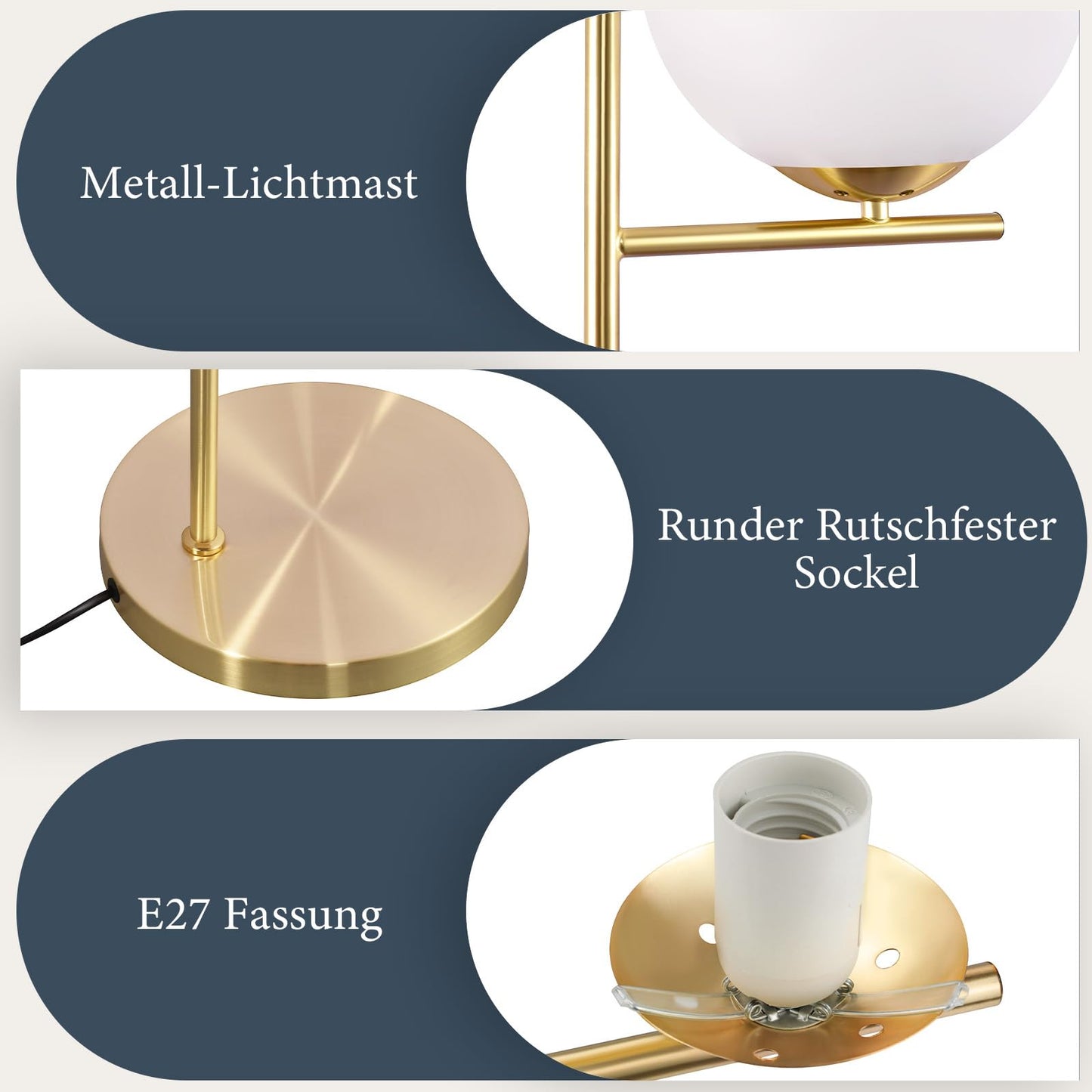 ZMH Stehlampe Wohnzimmer Modern Standleuchte - Gold Industrial Stehleuchte mit Fu?schalter Metall Design aus Wei? Glas Standlampe E27 Vintage Bodenlampe Kabel 2M f¨¹r Schlafzimmer B¨¹ro kinderzimmer
