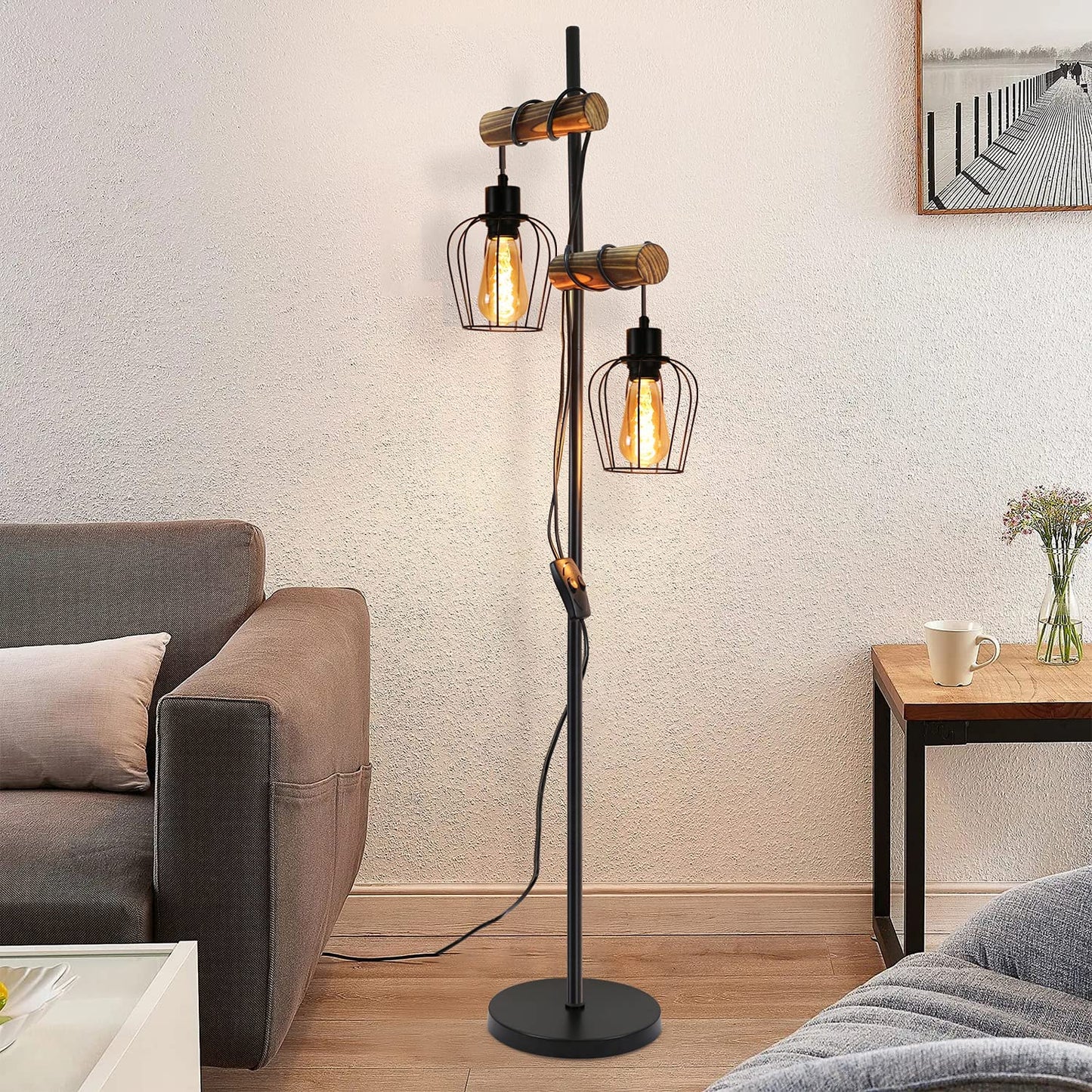 ZMH Vintage Stehlampe Wohnzimmer 2 flammige Holz Retro Standleuchte im Industrial Design aus Metall und Holz - inkl. Schalter - Schwarz - Fassung: E27 - H?he: 151cm - ohne Leuchtmittel