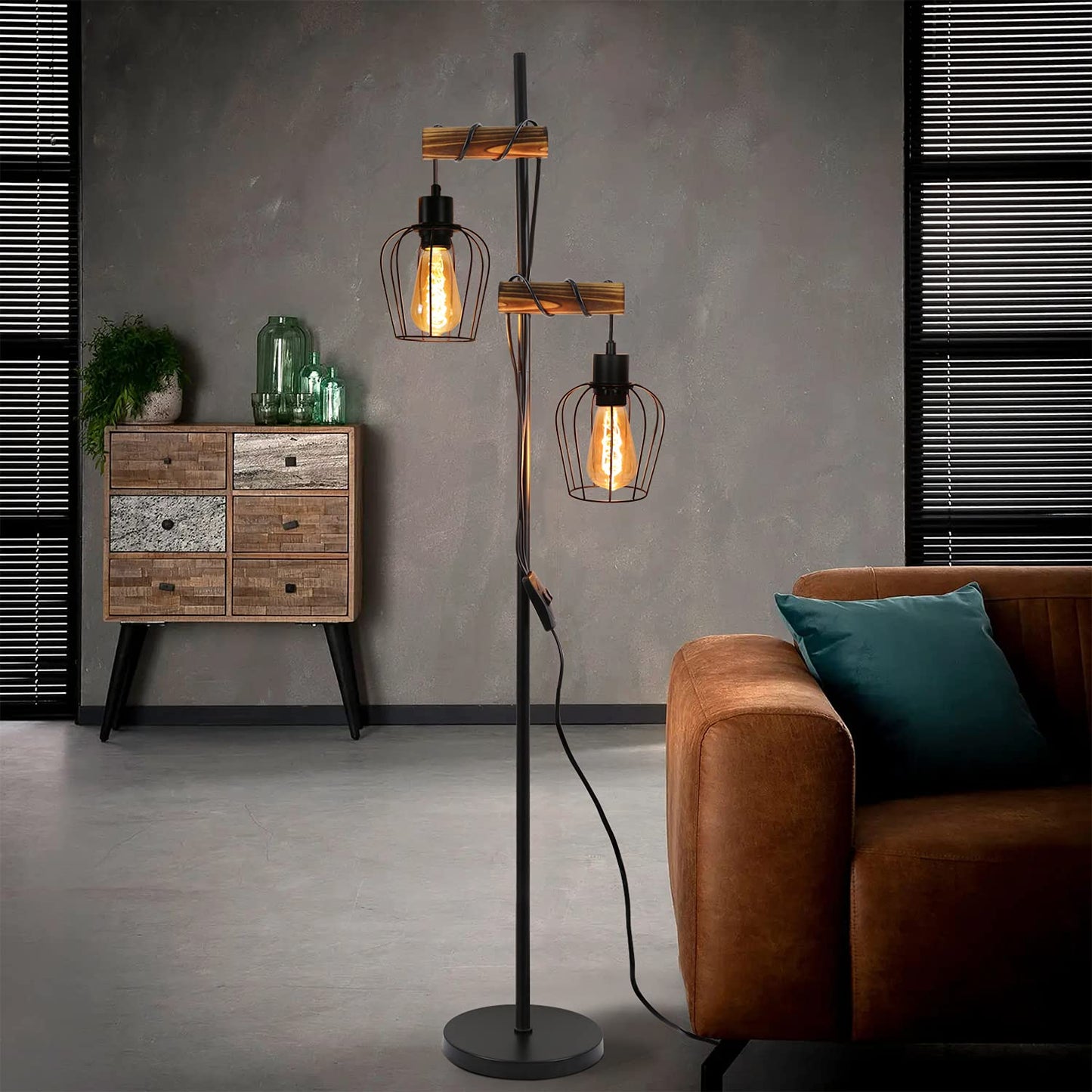 ZMH Vintage Stehlampe Wohnzimmer 2 flammige Holz Retro Standleuchte im Industrial Design aus Metall und Holz - inkl. Schalter - Schwarz - Fassung: E27 - H?he: 151cm - ohne Leuchtmittel