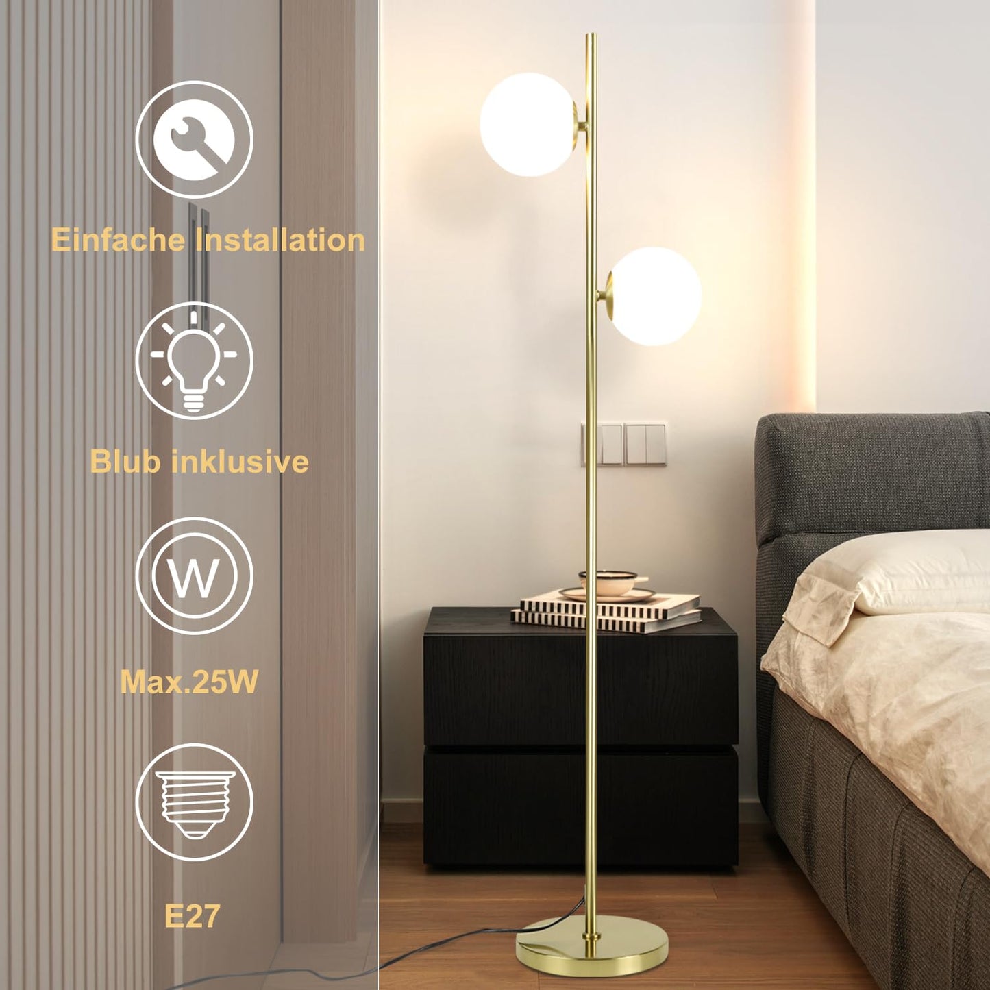 ZMH Stehlampe Wohnzimmer Modern Stehleuchte - Gold Design Standleuchte E27 Fassung Standlampe mit Fu?schalter Bettlampe Glas-Lampenschirm Leselampe f¨¹r Schlafzimmer-166cm(Leuchtmittel nicht inkl.)