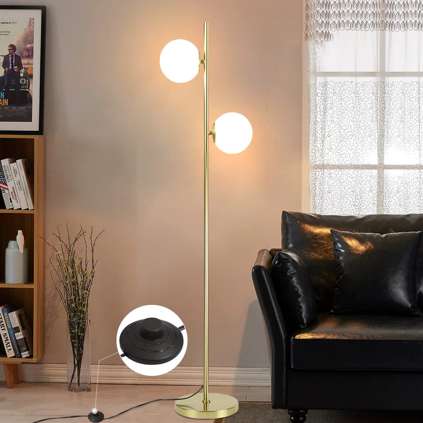 ZMH Stehlampe Wohnzimmer Modern Stehleuchte - Gold Design Standleuchte E27 Fassung Standlampe mit Fu?schalter Bettlampe Glas-Lampenschirm Leselampe f¨¹r Schlafzimmer-166cm(Leuchtmittel nicht inkl.)