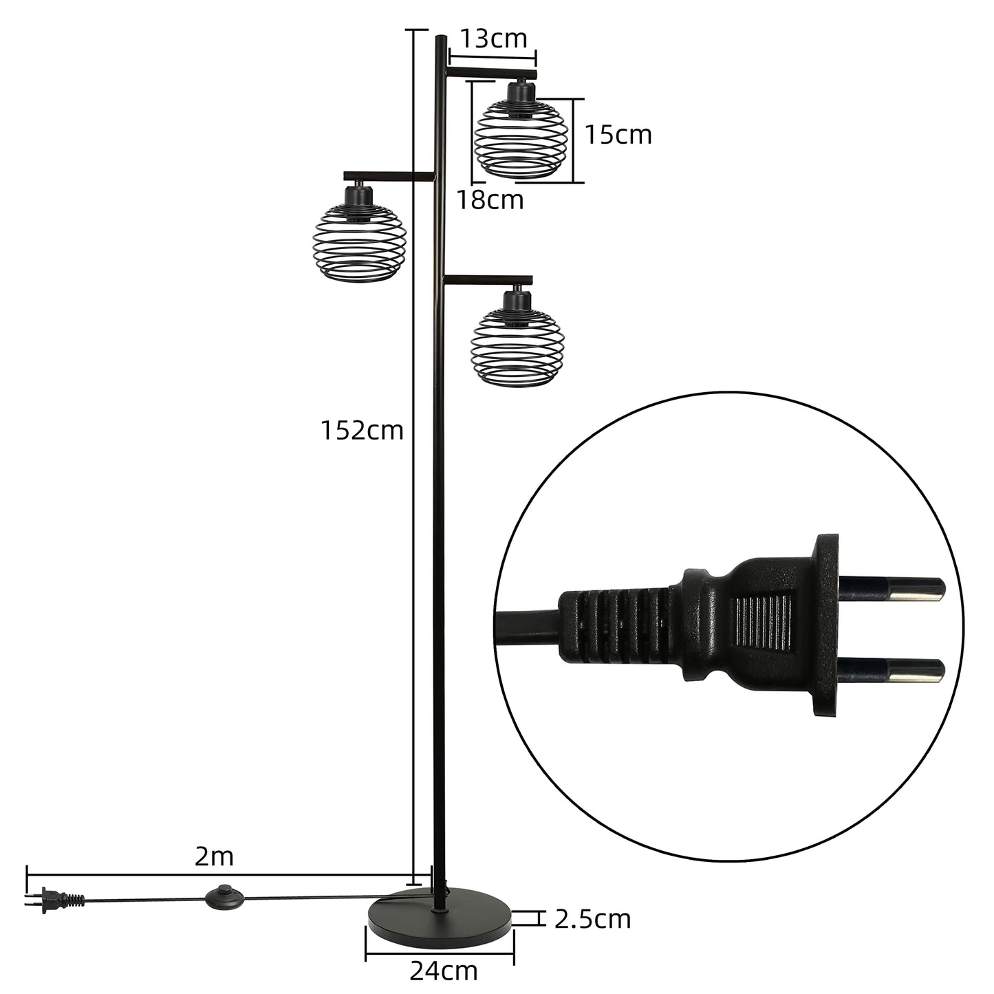 ZMH Stehlampe Wohnzimmer Stehleuchte Vintage - Retro Standlampe aus Metall e27 Fassung 3 flammige Max. 25W Schwarz industrial Standleuchte f¨¹r Schlafzimmer Sessel Bett H?he: 152CM inkl. Fu?schalter