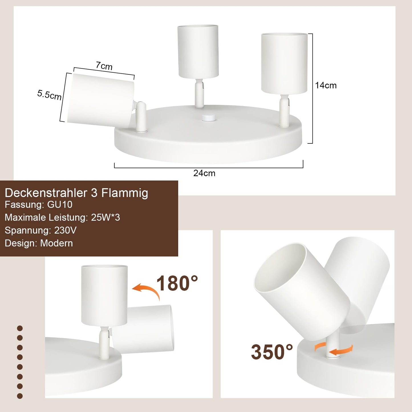ZMH LED Deckenlampe Flur Deckenleuchte Wohnzimmer - Deckenstrahler 3 Flammig Modern Strahler Wei? Rund Deckenspots GU10 Metall Flurlampe Spot Schwenkbar Design Spotleuchte f¨¹r Schlafzimmer K¨¹che
