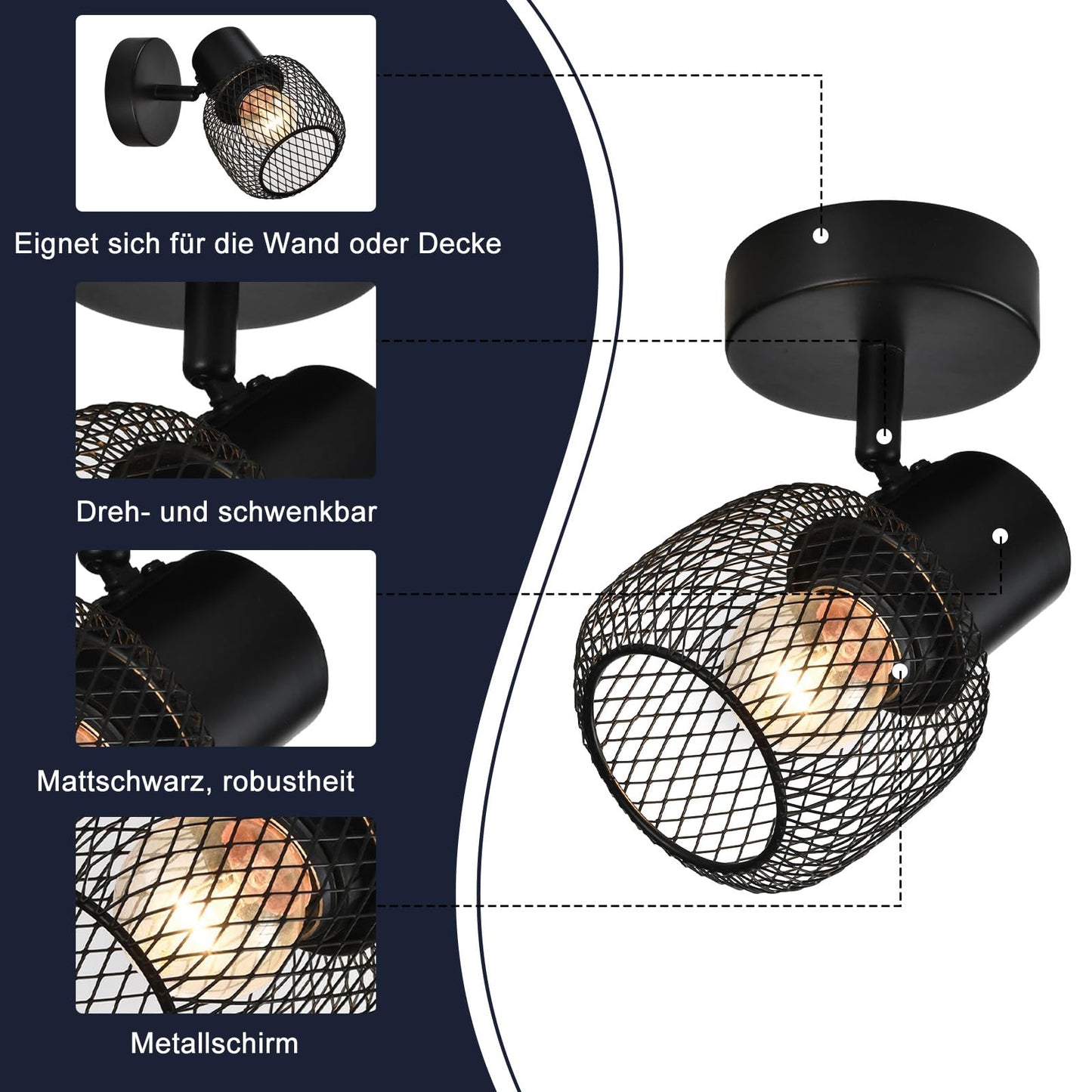 ZMH Deckenstrahler Schwarz 1 Flammig Deckenleuchte - Deckenlampe Metall Flurlampe Vintage Schwenkbar 330¡ãStrahler E27 Innen f¨¹r K¨¹che flur Kinderzimmer Wohnzimmer Schlafzimmer Max.40W