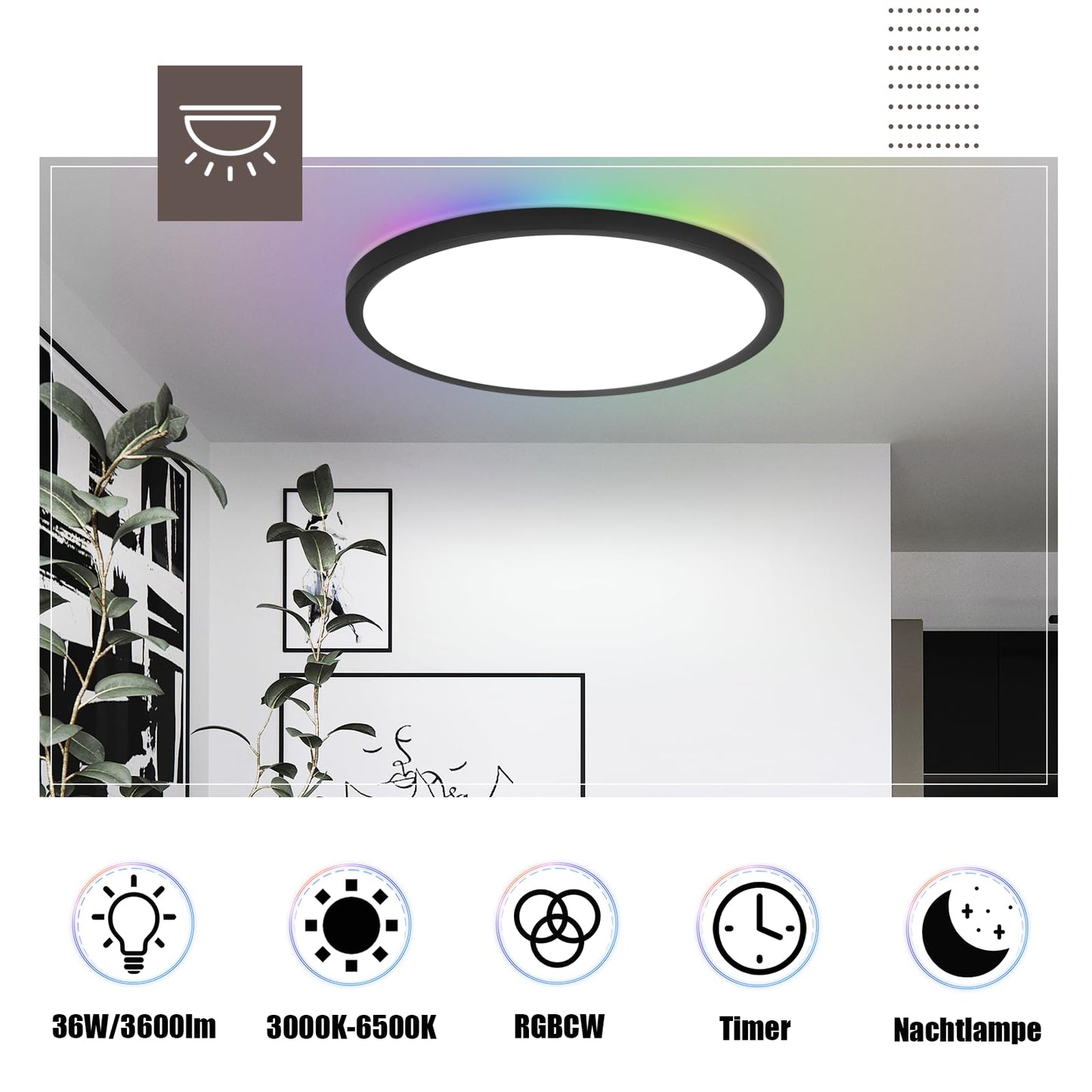 ZMH LED Deckenleuchte Flach Deckenlampe Wohnzimmer - 36W Wohnzimmerlampe Dimmbar mit Fernbedienung RGB Farbwechsel Lampe Schlafzimmer Rund Schwarz Rund IP44 Deckenlampe Badezimme
