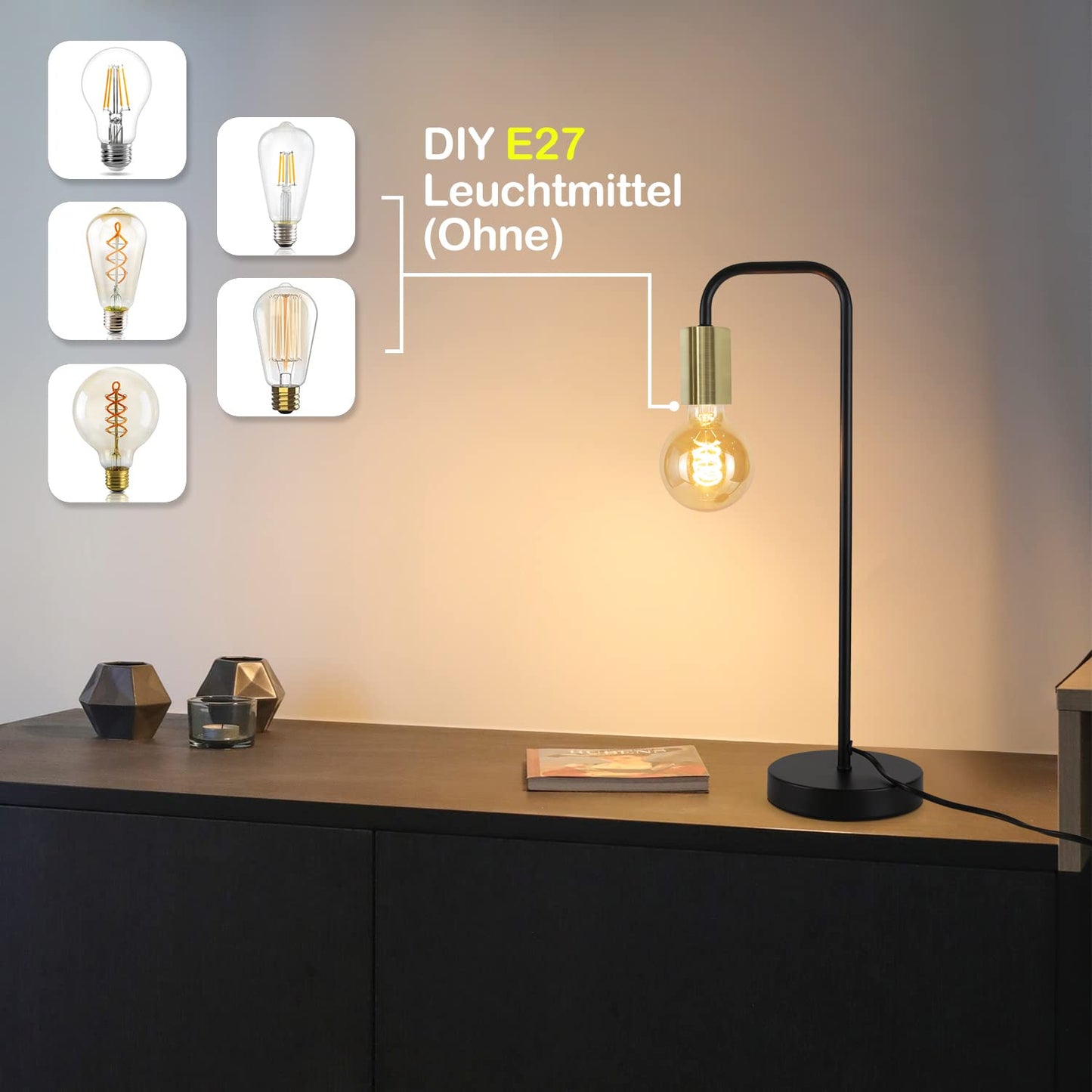 ZMH 2 er Tischlampe Vintage Tischleuchte E27 - Retro Nachttischlampe in Schwarz Gold Industrial Schlafzimmer Nachtlicht aus Metall Schreibtischlampe mit Kabel f¨¹r Wohnzimmer
