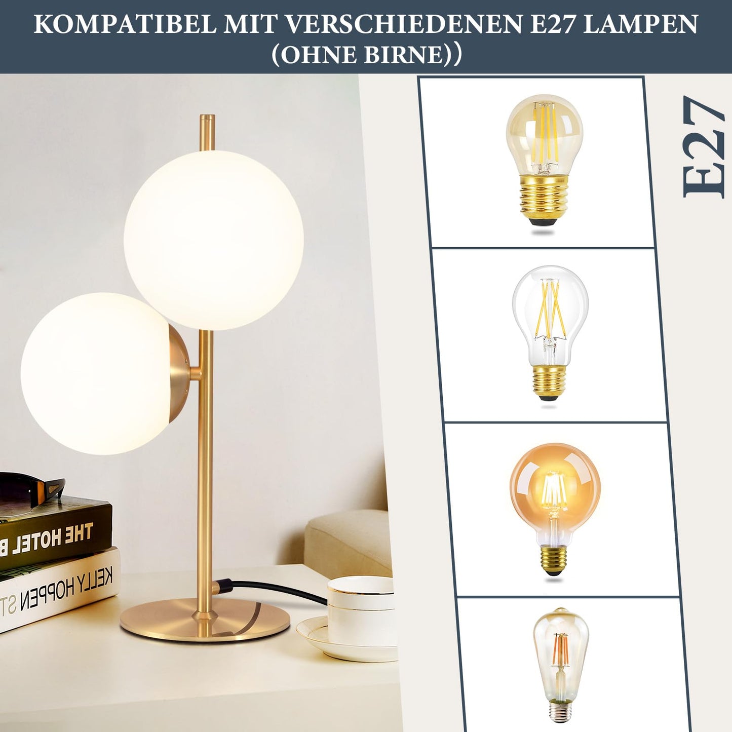ZMH Tischlampe Wohnzimmer Modern Nachttischlampe - Industrial Tischleuchte Gold 2 Flammig mit Schalter Metall Design aus Wei? Glas Nachttischleuchte Messing E27 f¨¹r Schlafzimmer Kinderzimmer B¨¹ro