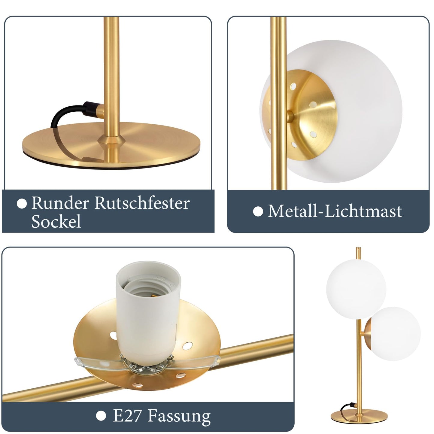 ZMH Tischlampe Wohnzimmer Modern Nachttischlampe - Industrial Tischleuchte Gold 2 Flammig mit Schalter Metall Design aus Wei? Glas Nachttischleuchte Messing E27 f¨¹r Schlafzimmer Kinderzimmer B¨¹ro