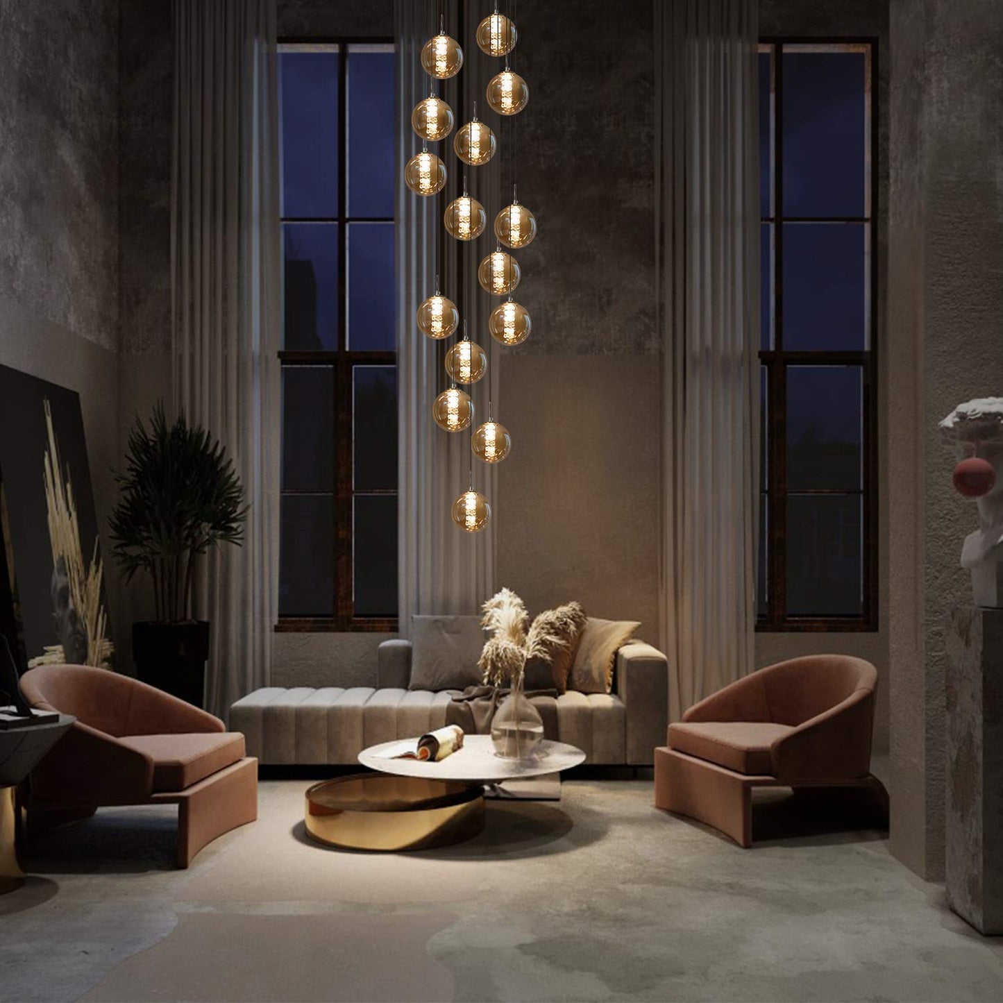 ZMH Pendelleuchte esstisch Pendellampe Modern - Treppenhaus H?heverstellbar H?ngeleuchte Kronleuchter 15-Flammig aus Glas K¨¹chen Flurlampe f¨¹r Wohzimmer (Bernstein, 15-flammig)