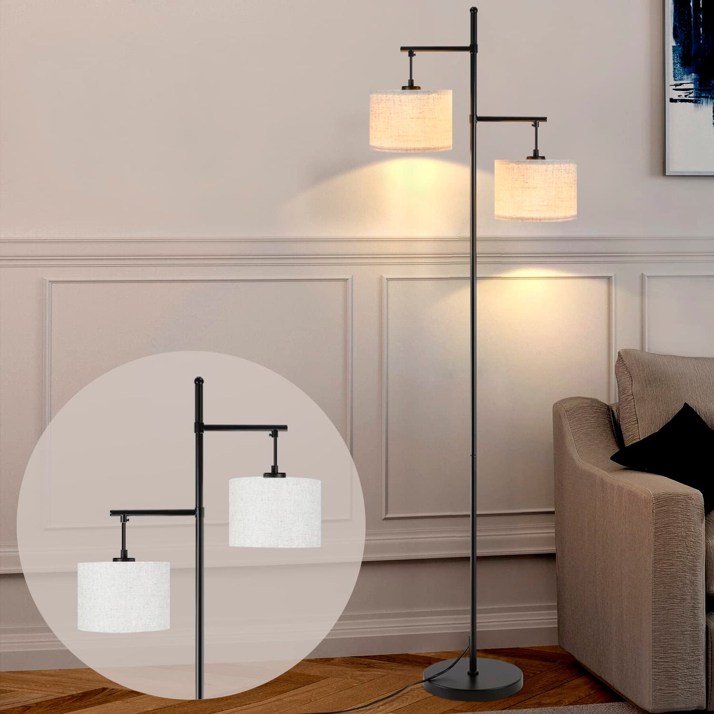 ZMH ZMH Stehlampe Wohnzimmer Modern Stehleuchte - Schwarz E27 Standleuchte Vintage 2 Flammig Bettlampe Wei? Stoff Design Standlampe Boho Deko Leselampe Max.25W mit Fu?schalte f¨¹r B¨¹ro Schlafzimmer