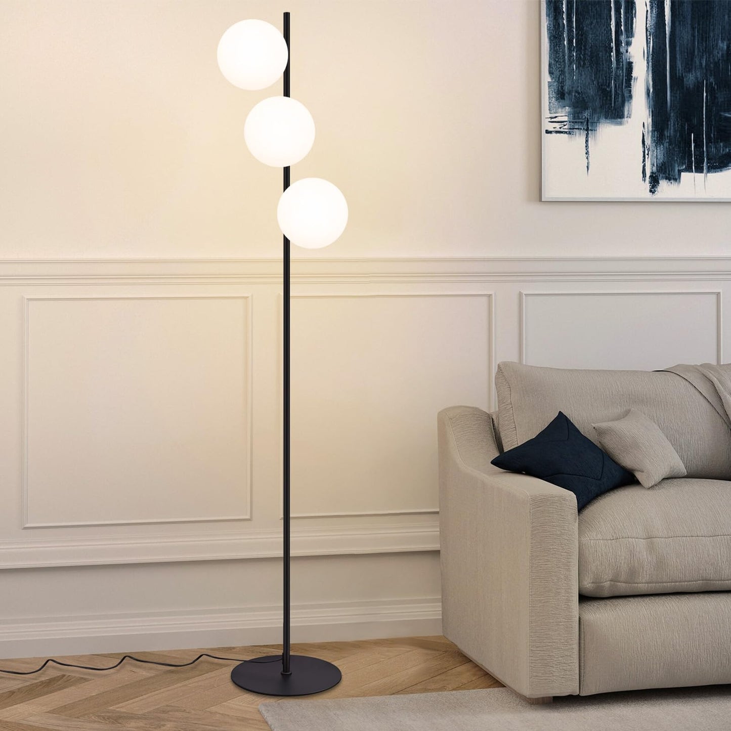 ZMH Stehlampe Wohnzimmer Industrial Standleuchte - Schwarz Modern Stehleuchte 3 Flammig mit Fu?schalter Metall Design aus Wei? Glas Standlampe E27 Vintage Bodenlampe f¨¹r Schlafzimmer kinderzimmer B¨¹ro