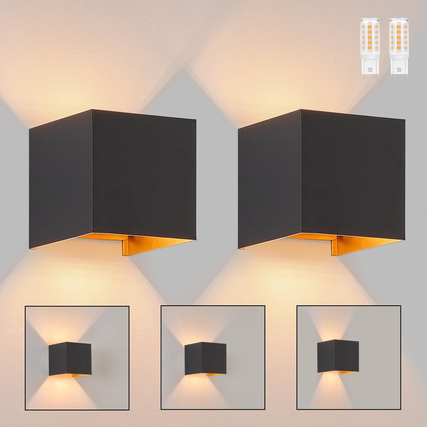 ZMH LED Wandleuchte Innen Wandlampe - 2ER Au?enwandleuchten Schwarz Gold Wandbeleuchtung Aussen Aussenlampe Up Down IP65 Wandstrahler 3000K Warmwei? Au?enleuchte G9 f¨¹r Hauswand Treppenhaus Flur
