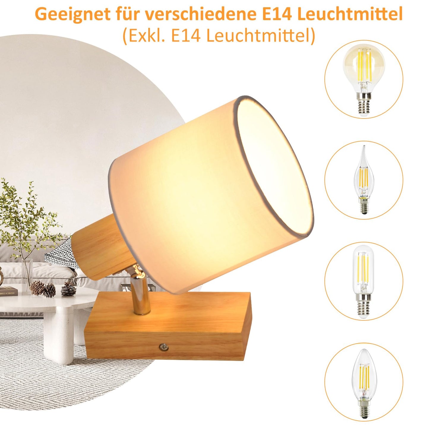 ZMH Wandleuchte Innen Wandstrahler Vintage - Holz Wandlampe Wandspot Retro E14 Schwenkbar Wandbeleuchtung Wand Lampen Industrial Stoffschrim MAX.40W f¨¹r flur K¨¹che, ohne Leuchtmittel