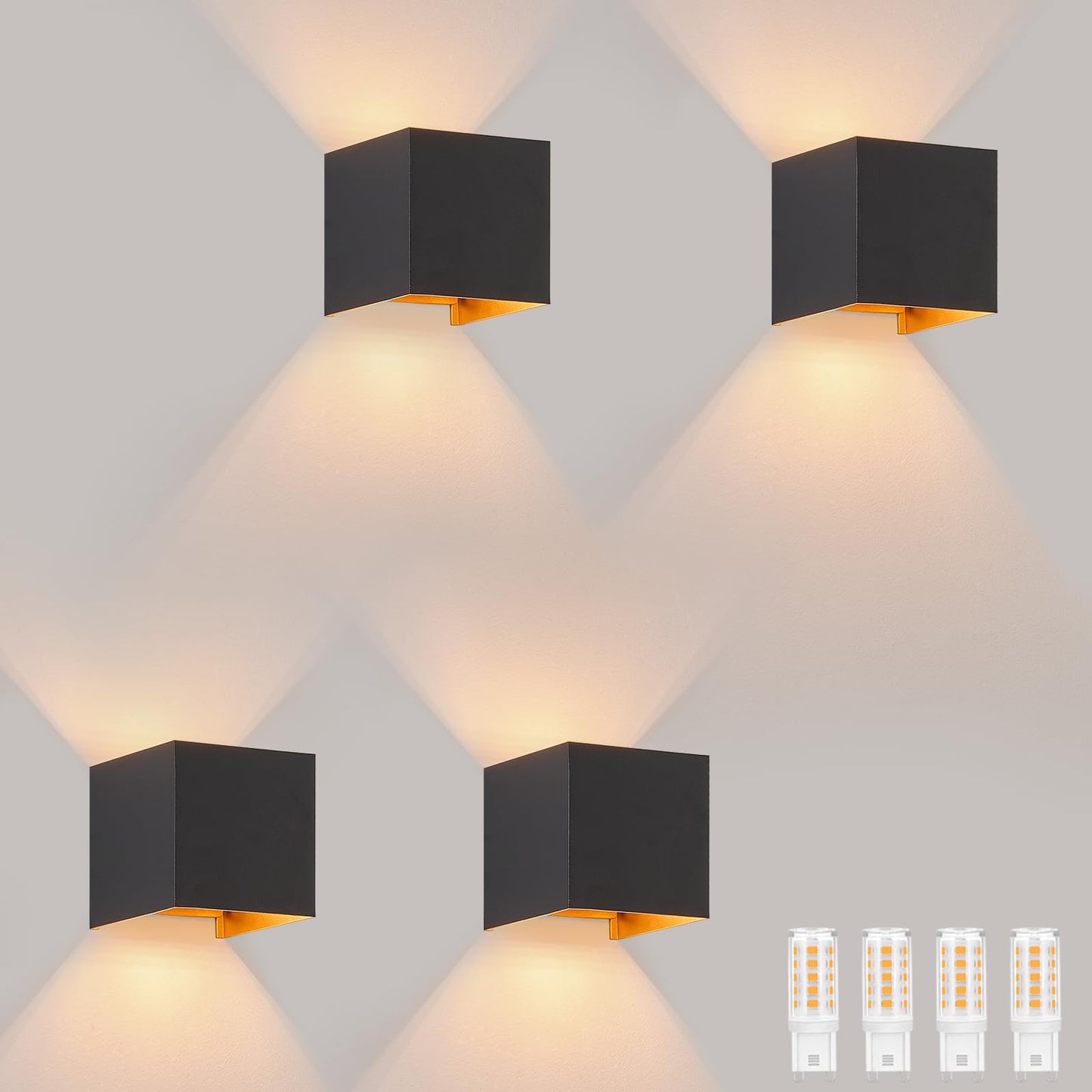 ZMH LED Wandleuchte Innen Wandlampe - 4ER Au?enwandleuchten Schwarz Gold Wandbeleuchtung Aussen Aussenlampe Up Down IP65 Wandstrahler 3000K Au?enbeleuchtung G9 f¨¹r Hauswand Treppenhaus Flur